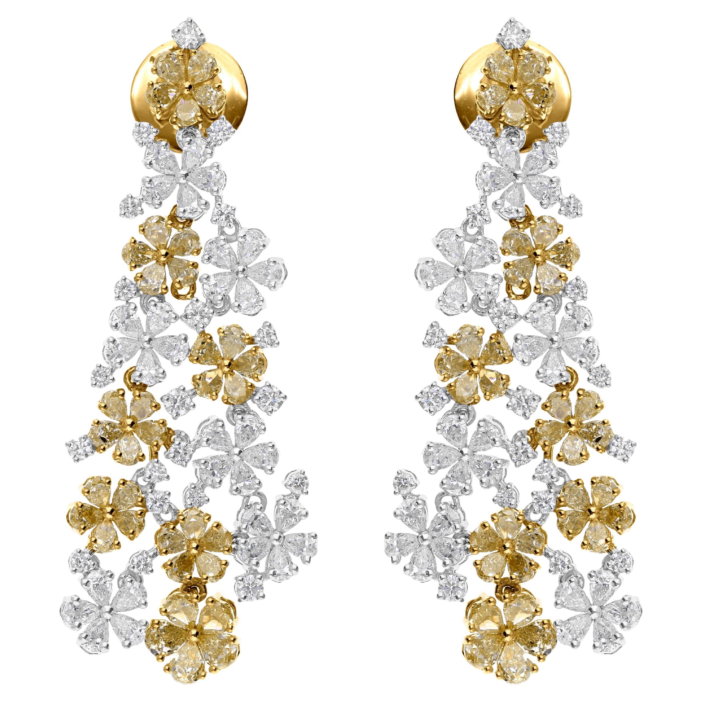 Natural 7.62 Carat SI/H Round Diamond Dangle Earrings 14 Karat White Yellow Gold