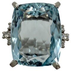 Natural 7.65ct Cushion Cut Blue Aquamarine And Diamond Platinum Cluster Ring