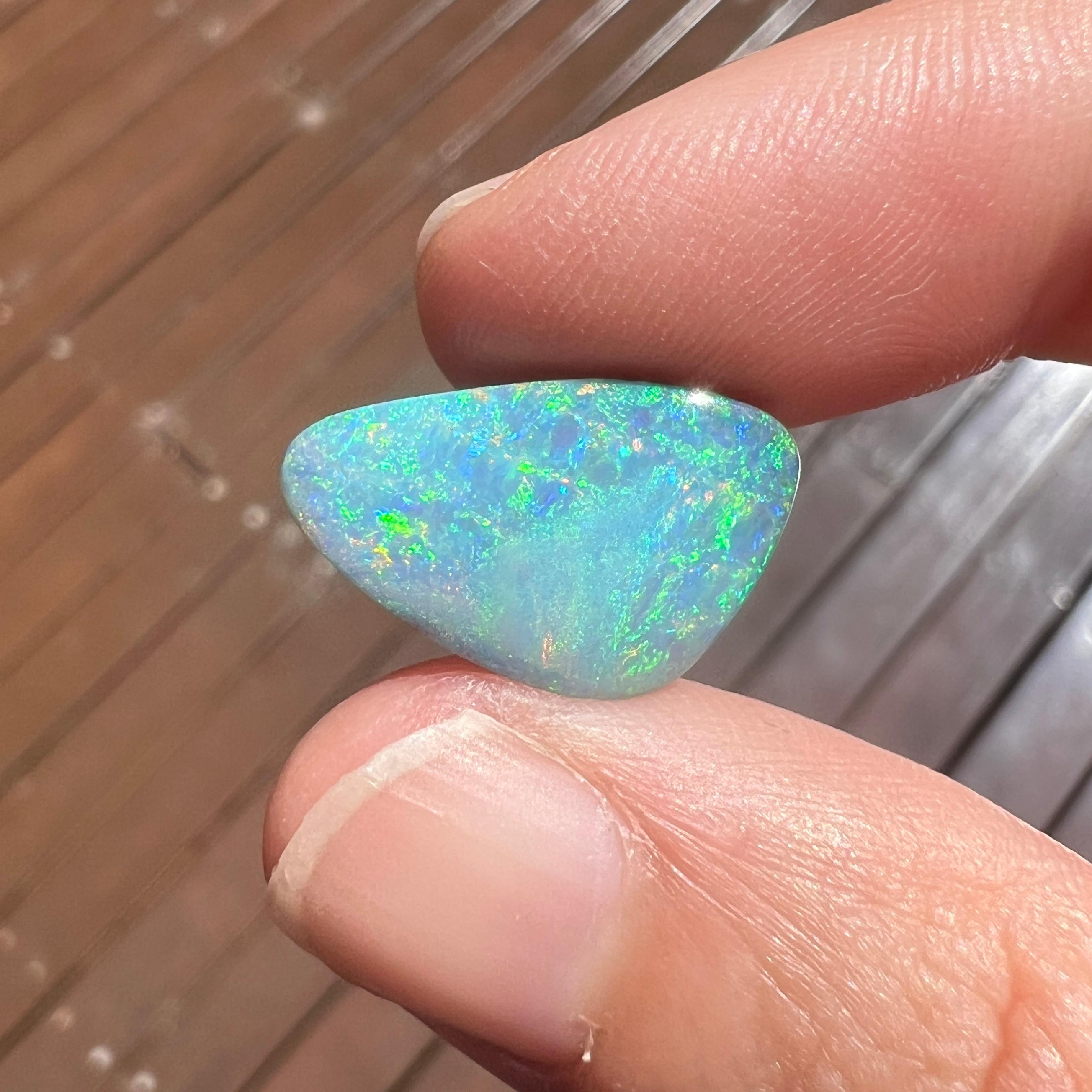 Cabochon Natural 7.66 Ct Australian green and pink boulder opal mined by Sue Cooper For Sale