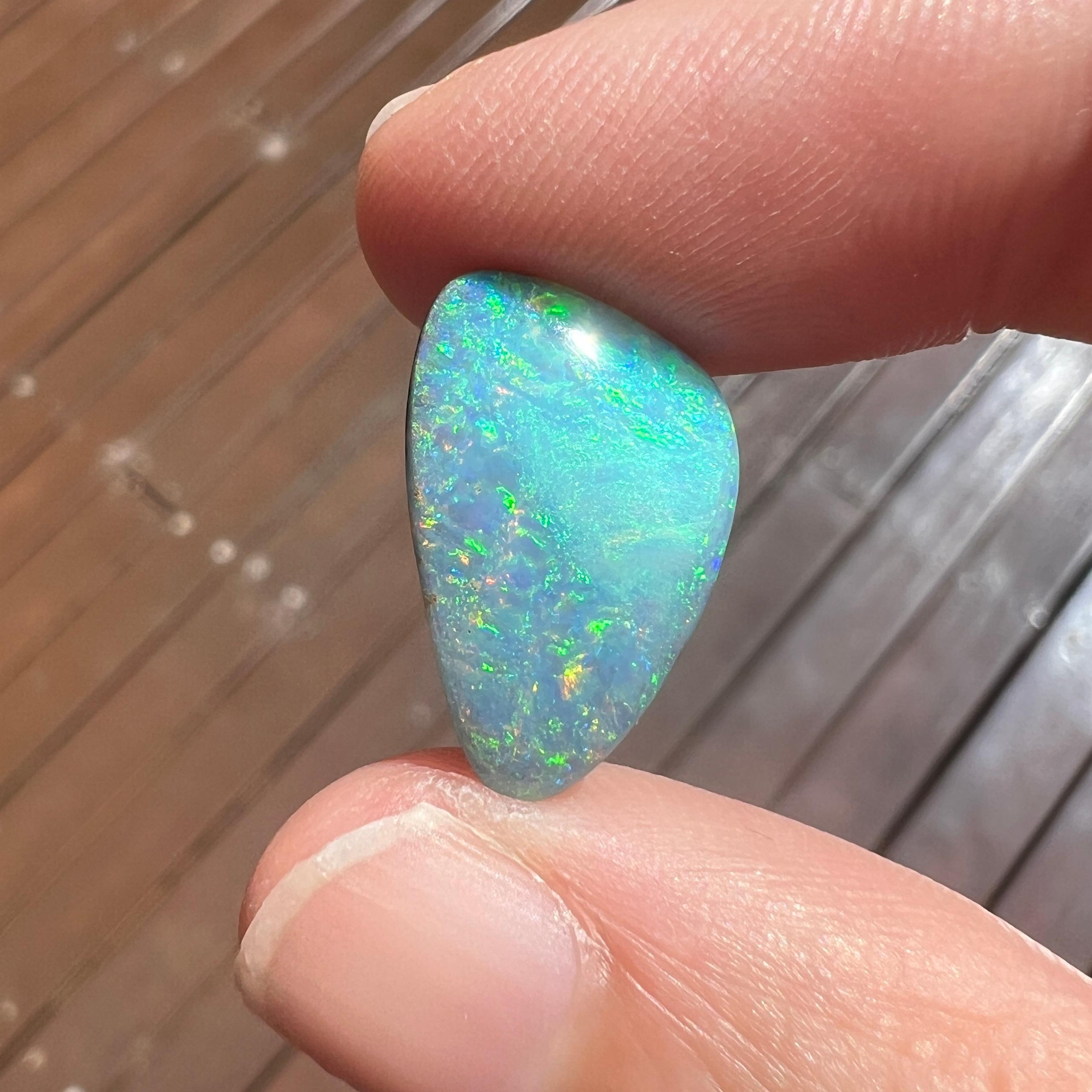 Cabochon Natural 7.66 Ct Australian green and pink boulder opal mined by Sue Cooper For Sale