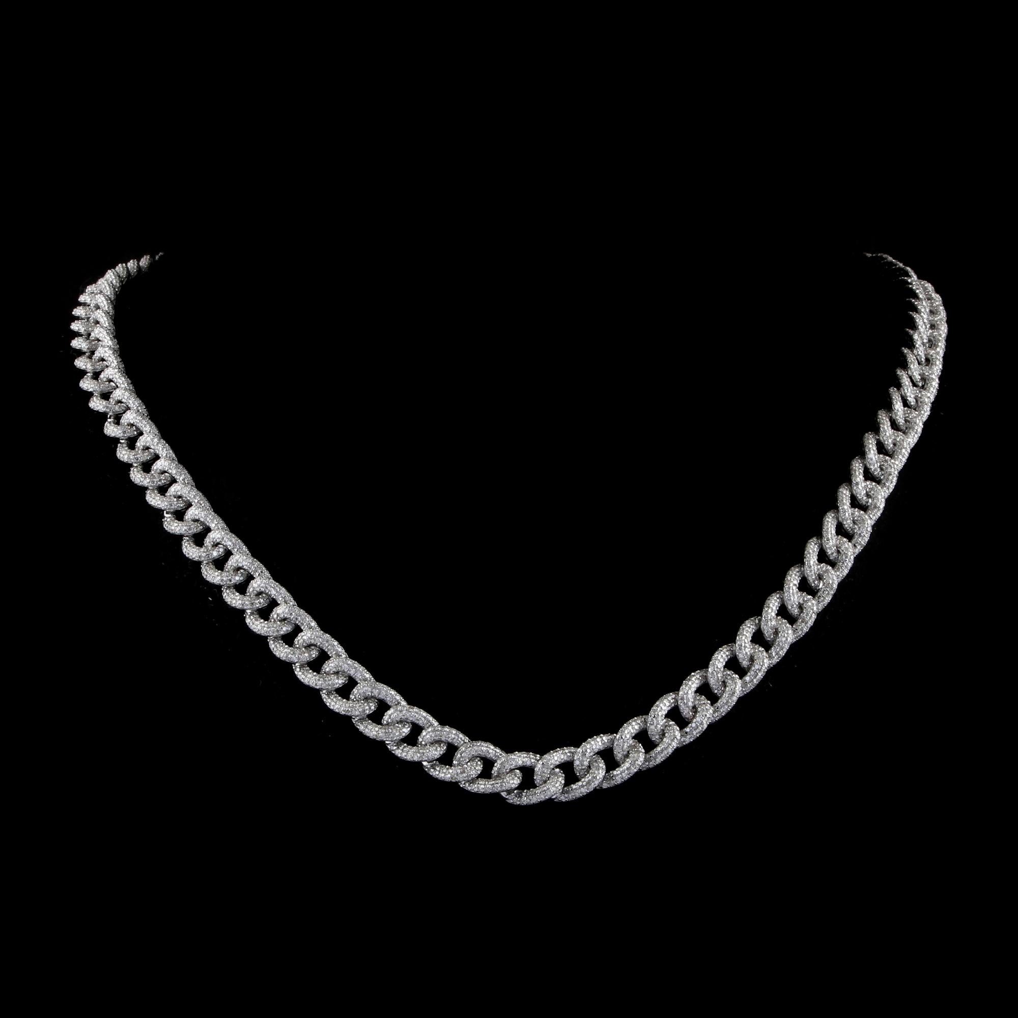 Round Cut Natural 7.70 Carat Pave Diamond Cuban Link Chain Necklace 18 Karat White Gold For Sale