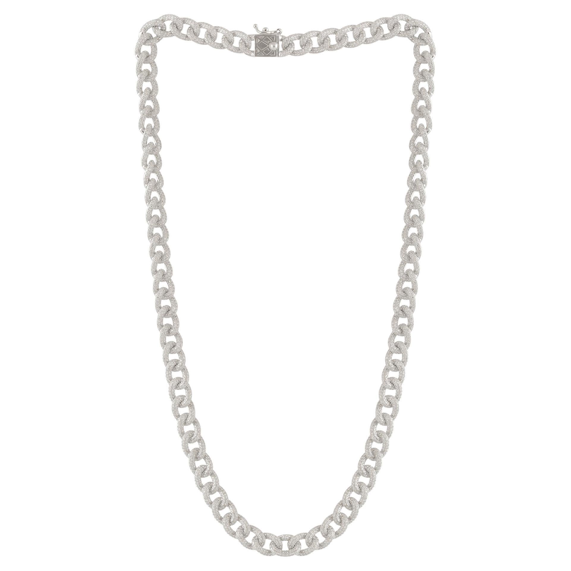 Natural 7.70 Carat Pave Diamond Cuban Link Chain Necklace 18 Karat White Gold For Sale