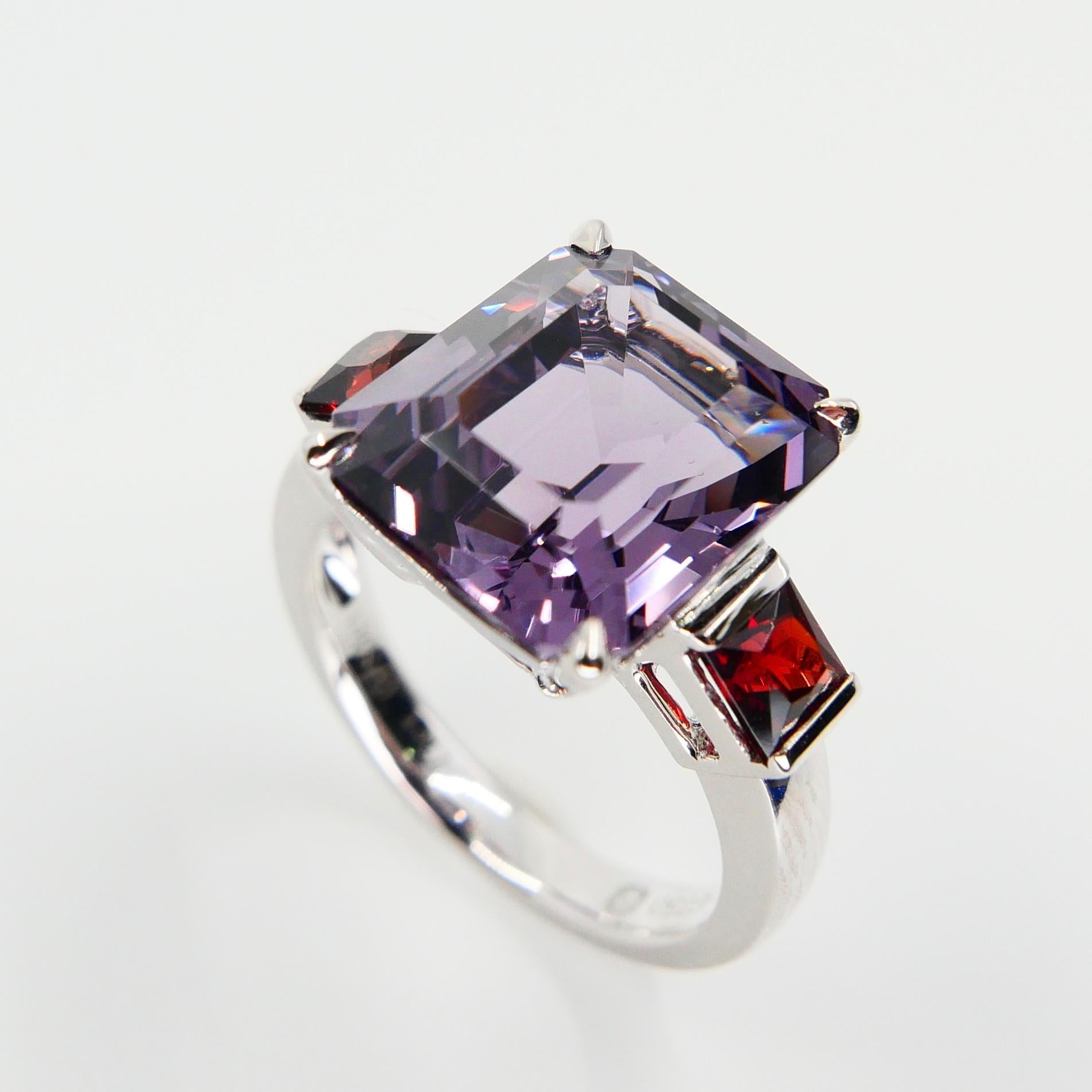 Natural 7.77 Cts Purple Spinel & 0.83 Carat Red Spinel Three-Stone Cocktail Ring 9