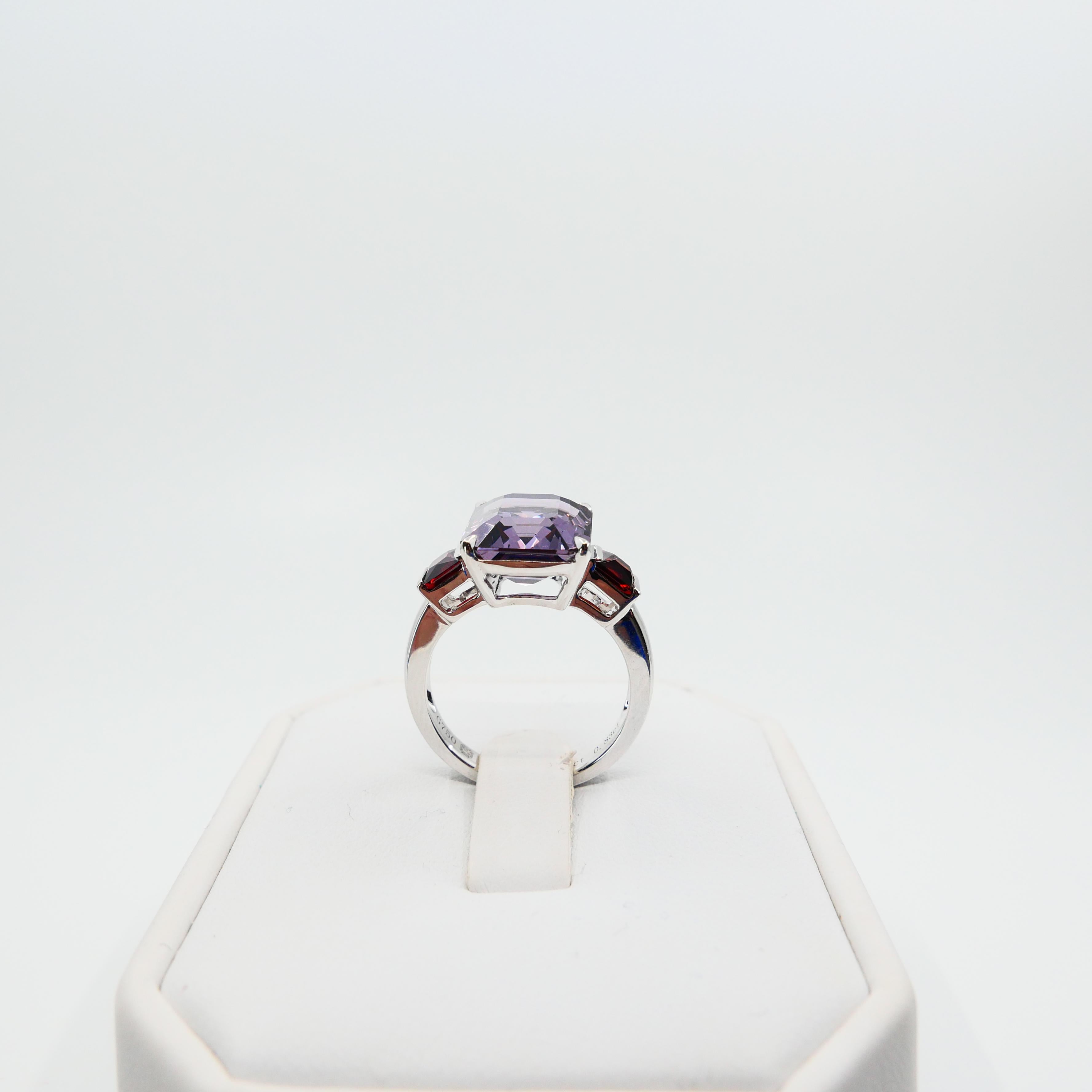 Natural 7.77 Cts Purple Spinel & 0.83 Carat Red Spinel Three-Stone Cocktail Ring 11