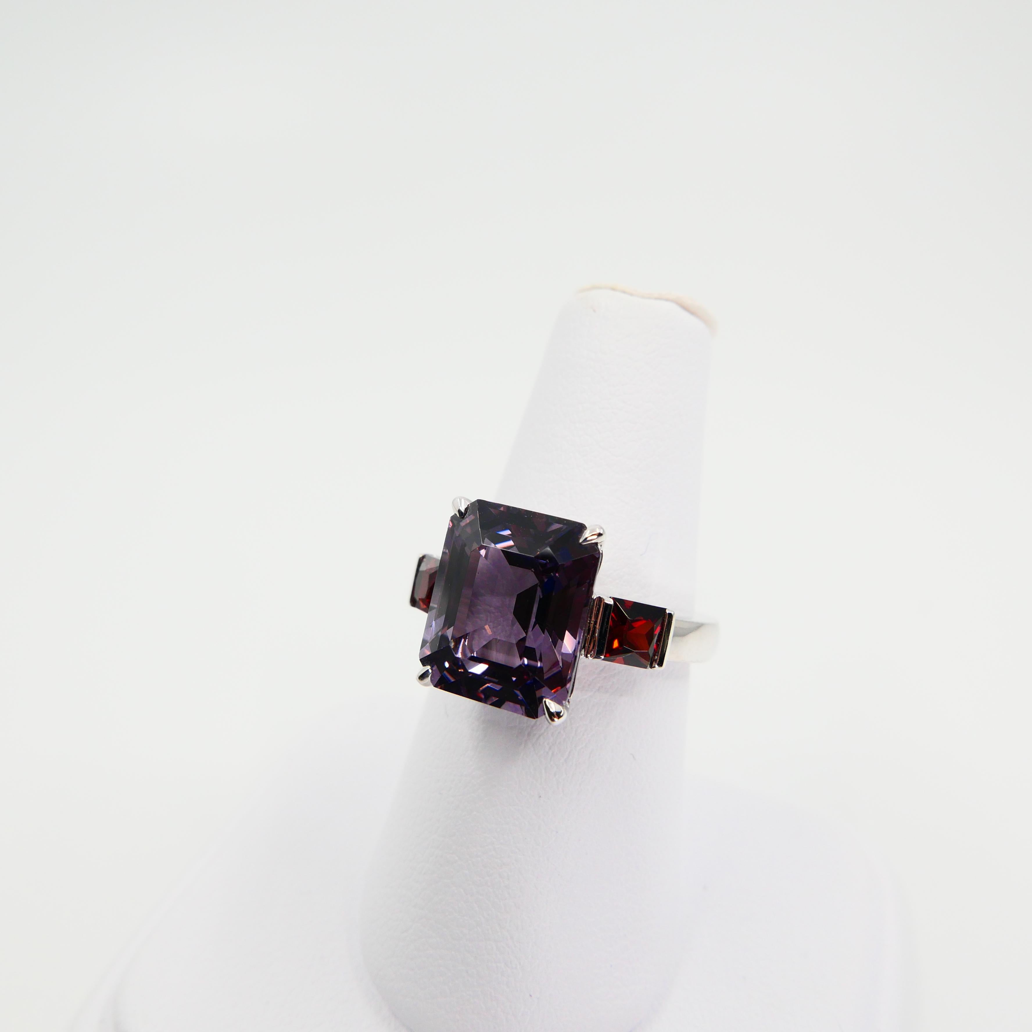 Natural 7.77 Cts Purple Spinel & 0.83 Carat Red Spinel Three-Stone Cocktail Ring 12
