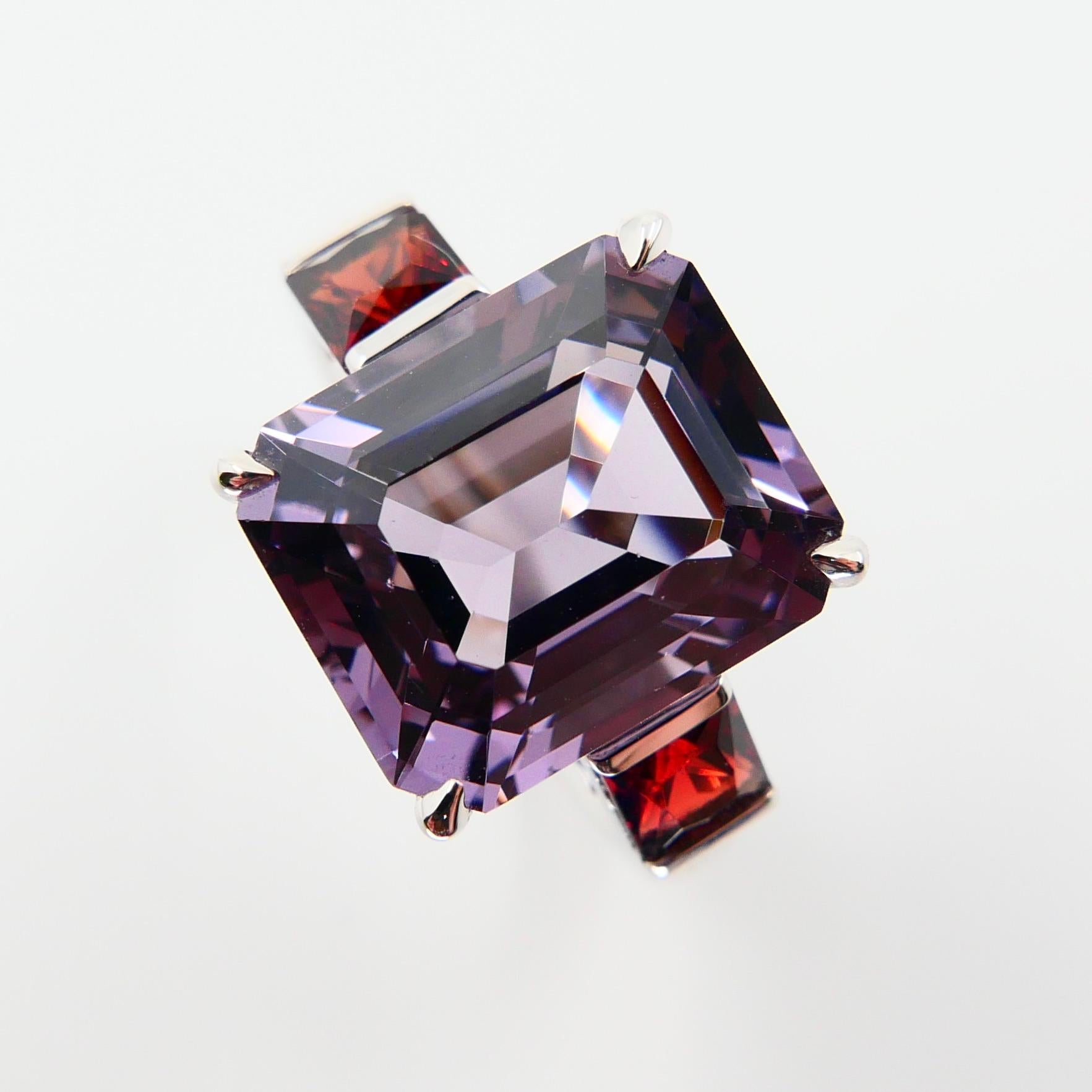 Emerald Cut Natural 7.77 Cts Purple Spinel & 0.83 Carat Red Spinel Three-Stone Cocktail Ring