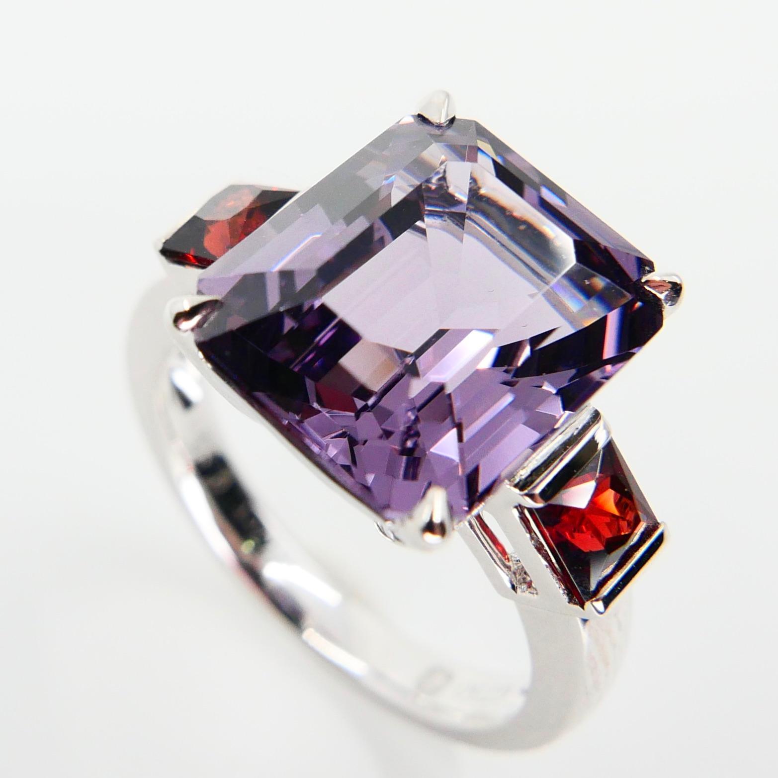 Natural 7.77 Cts Purple Spinel & 0.83 Carat Red Spinel Three-Stone Cocktail Ring 3