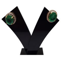 Natural 7CTS Emerald & 0.43CTS Diamond Earring in 14K Gold