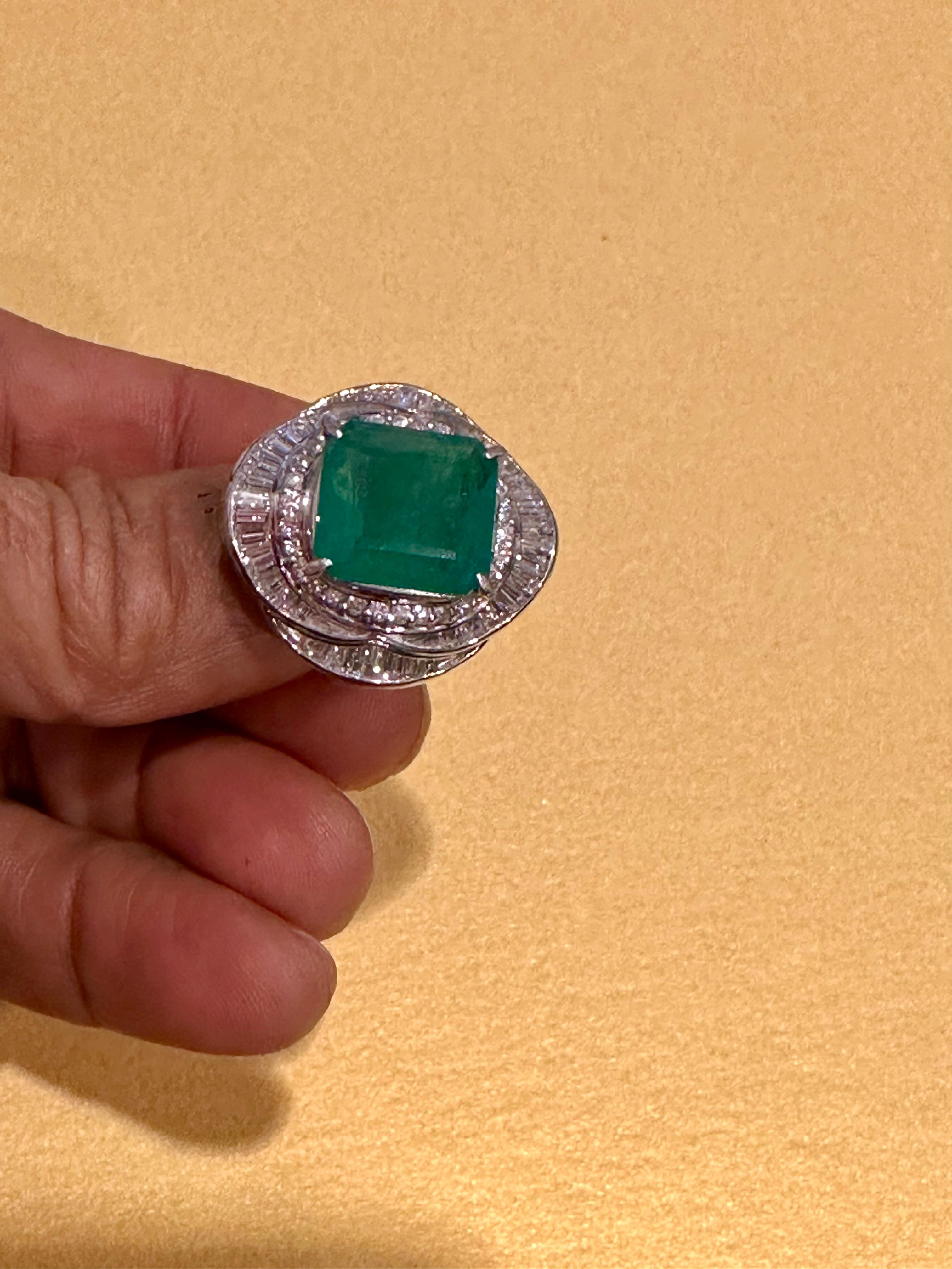 Natural 8 Carat Emerald Cut Zambian Emerald & Diamond Ring in Platinum, Estate For Sale 5