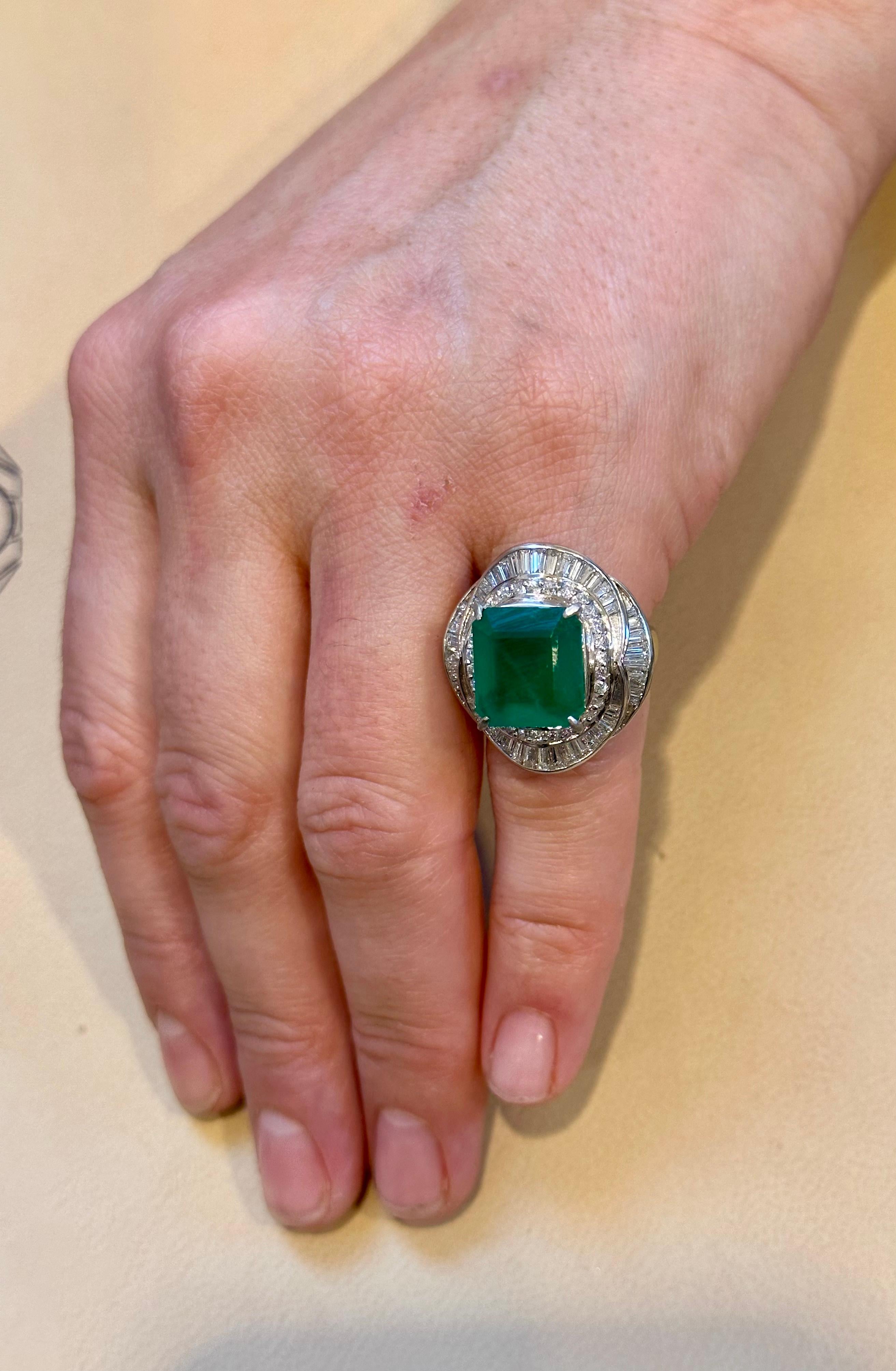 Natural 8 Carat Emerald Cut Zambian Emerald & Diamond Ring in Platinum, Estate For Sale 10