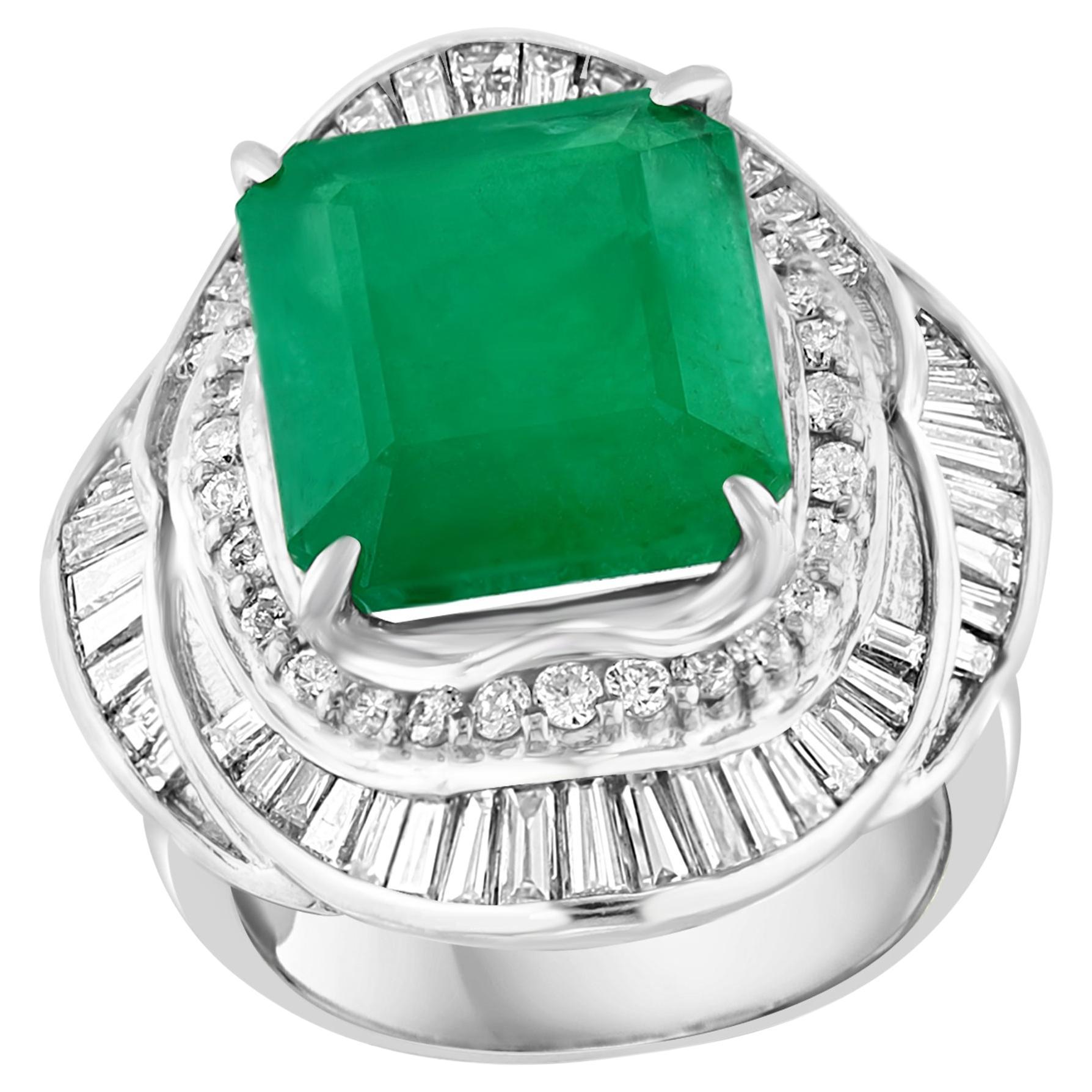Natural 8 Carat Emerald Cut Zambian Emerald & Diamond Ring in Platinum, Estate For Sale