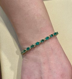 Natural 8 Carat Emerald & Diamond Tennis Bracelet 14 Karat Yellow Gold