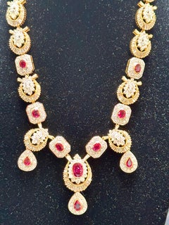GIA Natural 8Ct Ruby & 38 Ct Diamond Necklace 18 Kt Yellow Gold 111 Grams , 18 "