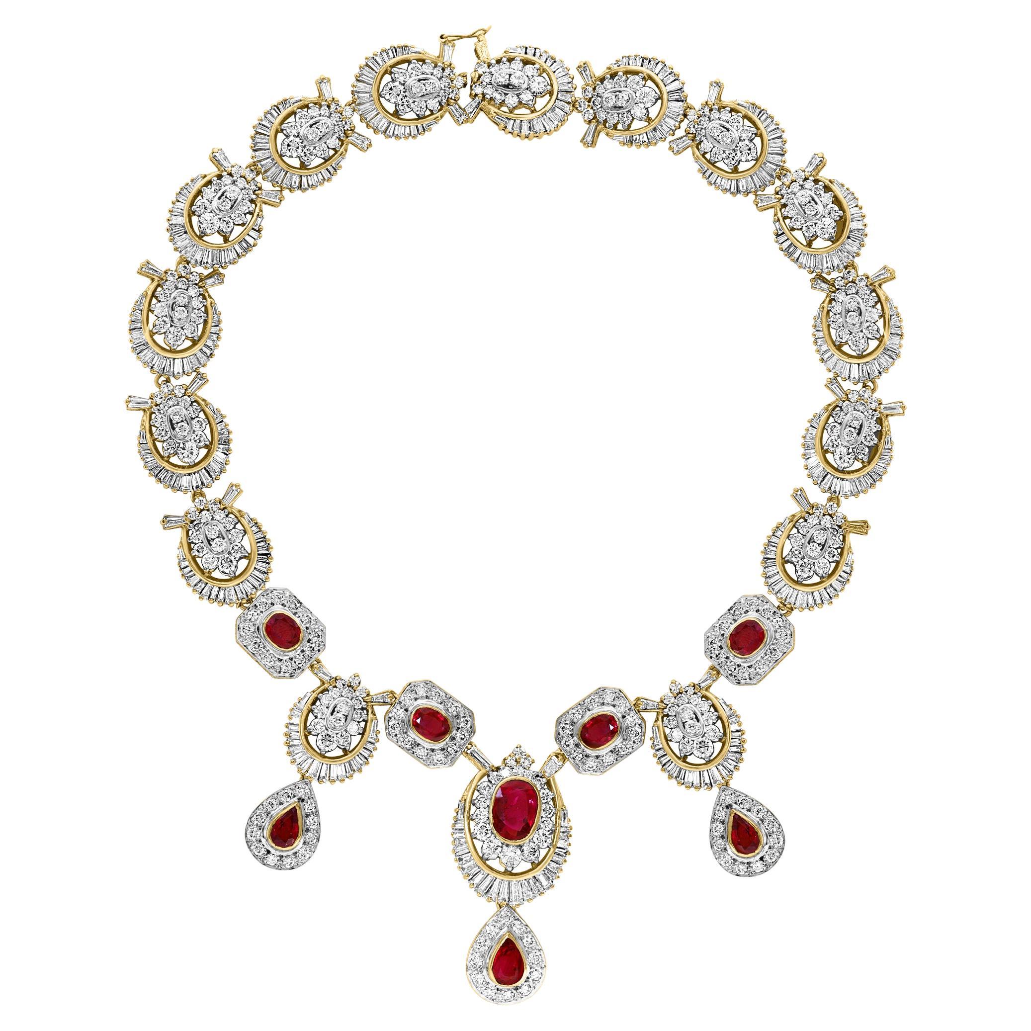 Natural 8 Ct Ruby & 38 Ct Diamond Necklace 18 Karat Yellow Gold 111 Grams , 18 " For Sale