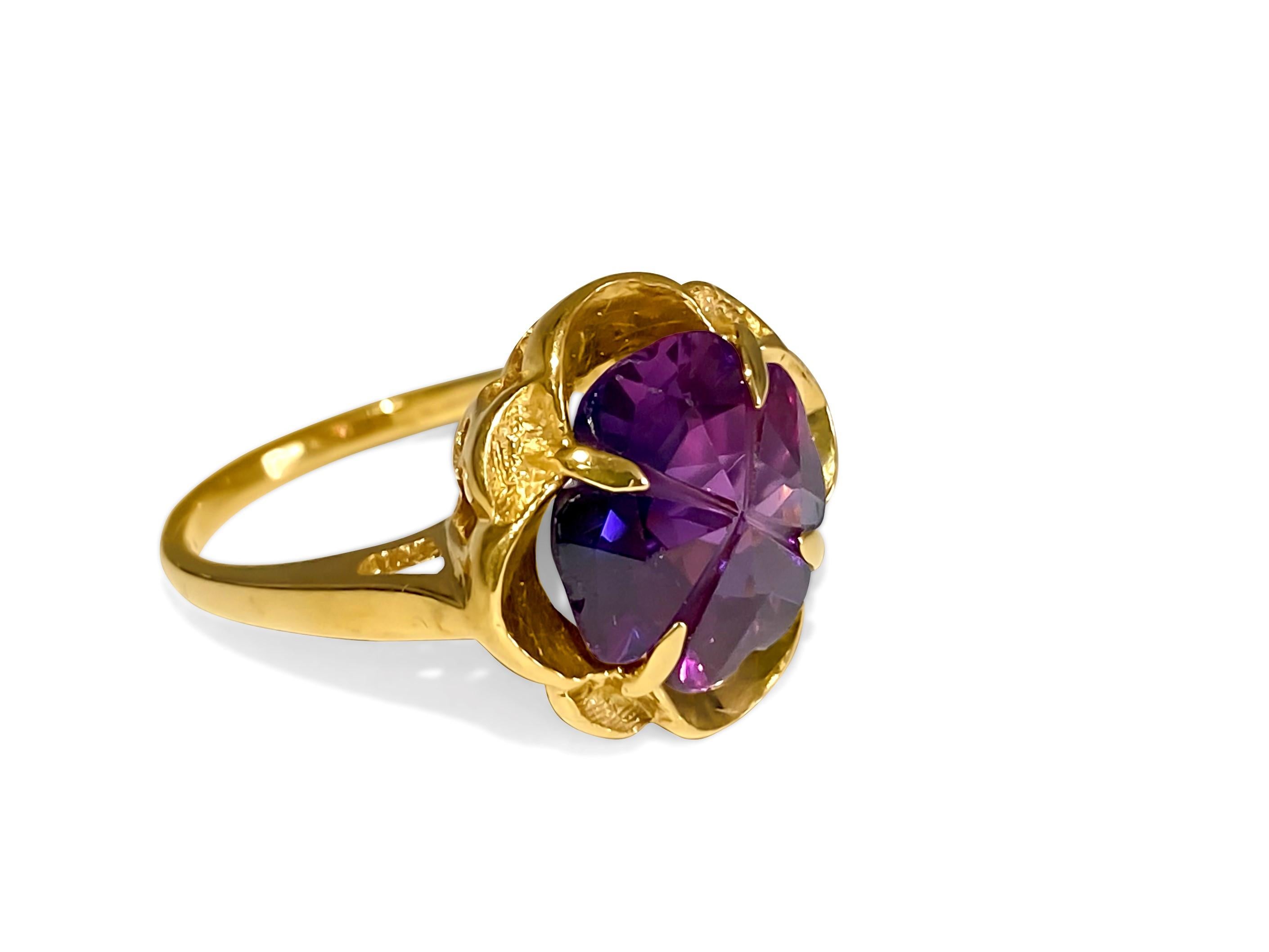 Metal: 14K rose gold. 
Gemstone: 100% natural earth mined amethyst. TCW of amethyst: 8.00cts. 

Excellent saturation and shine. Superb finish and polish. 

One of a kind flower motif ladies amethyst and gold ring. 