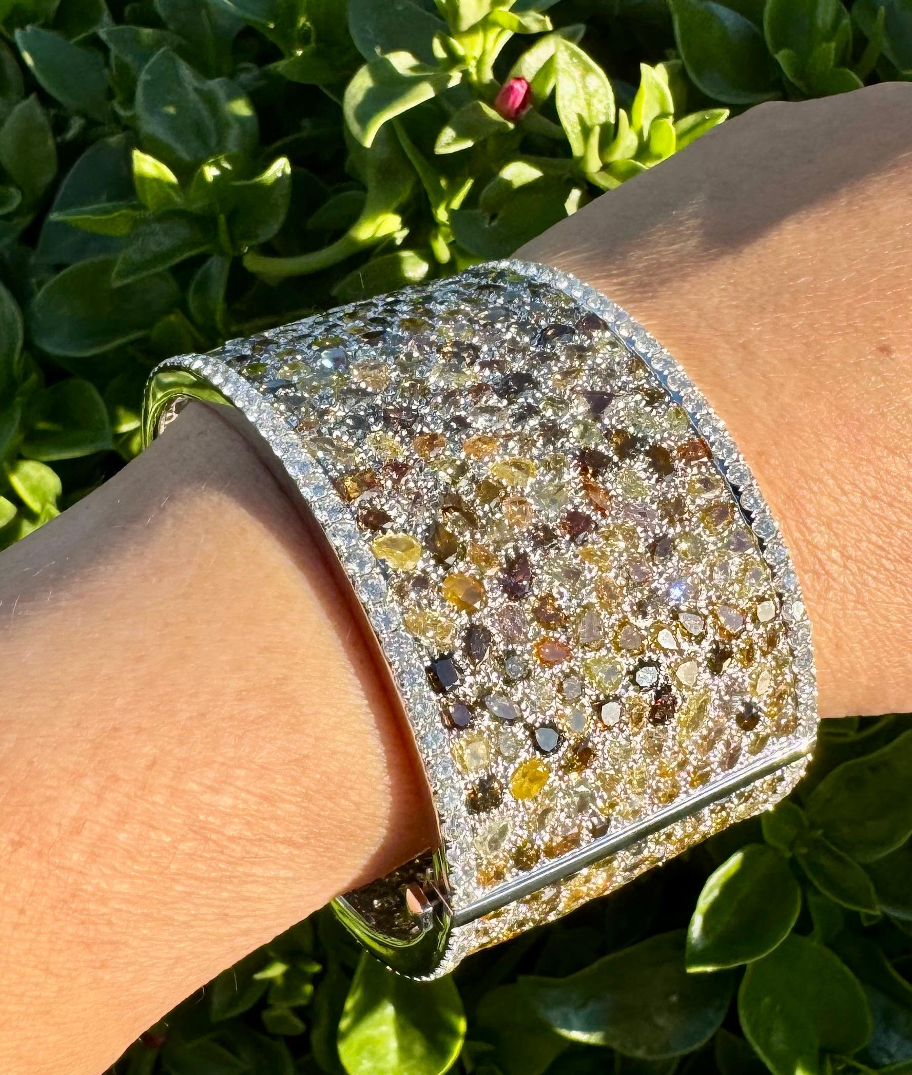 Natural 81 Carat Multi Coloured Diamond Bangle in 18KG, Unique ONLY ONE For Sale 1
