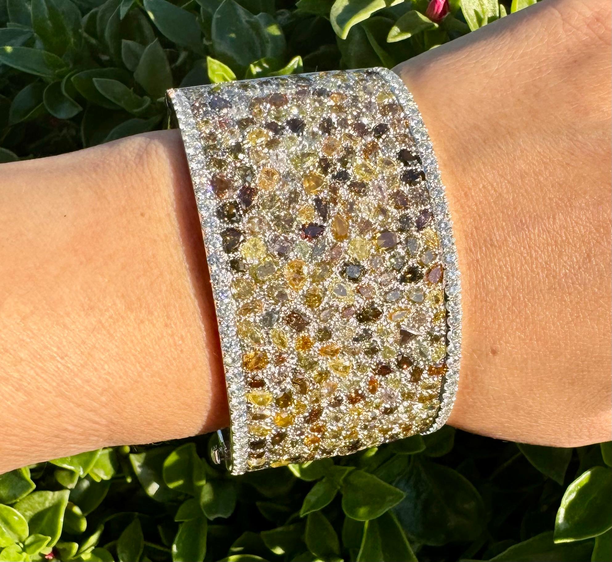 Natural 81 Carat Multi Coloured Diamond Bangle in 18KG, Unique ONLY ONE For Sale 2