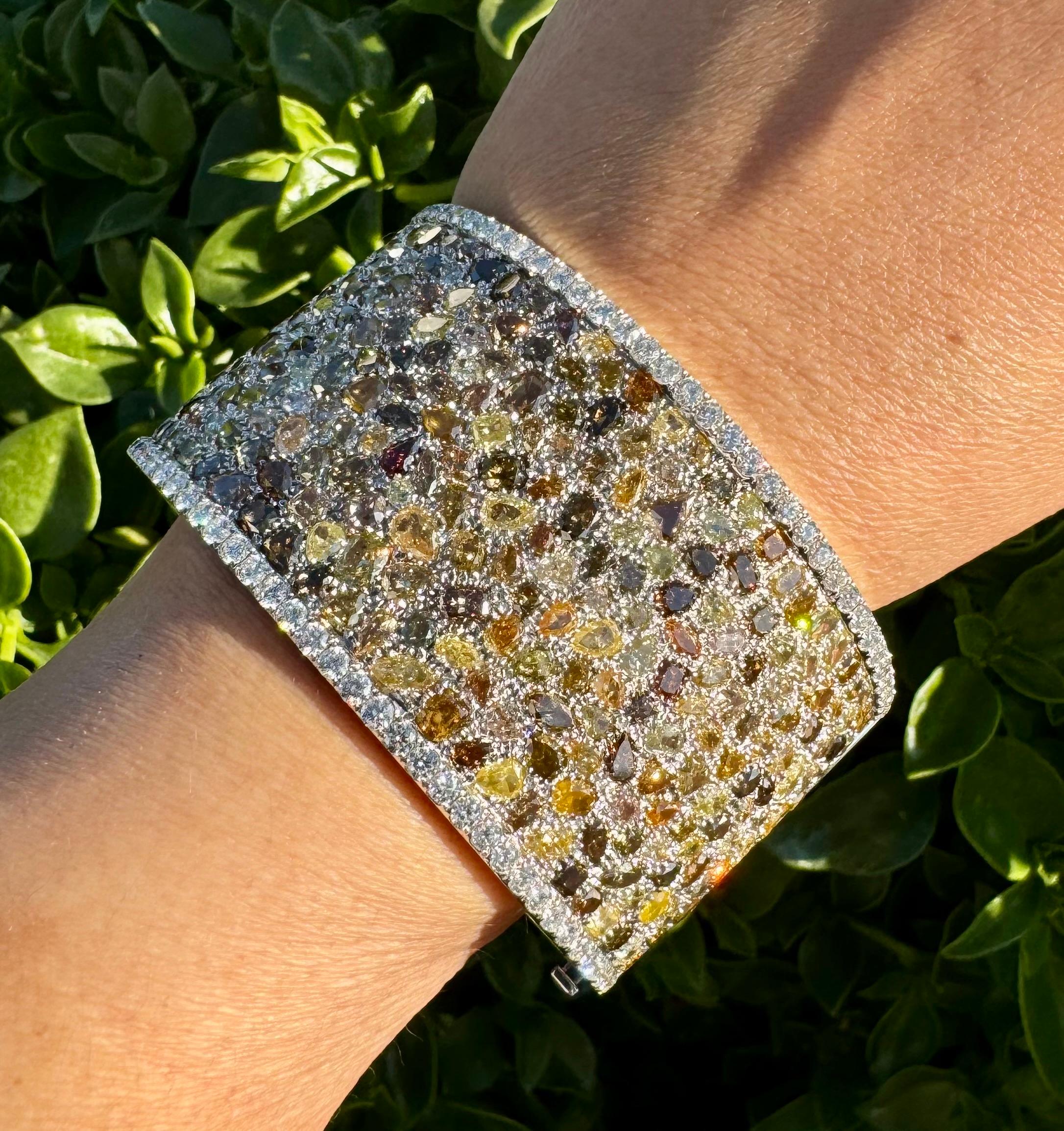 Natural 81 Carat Multi Coloured Diamond Bangle in 18KG, Unique ONLY ONE For Sale 3