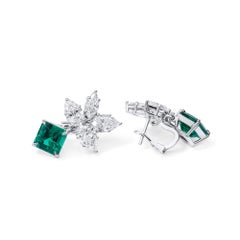 Natural 8.17 Ct. TW Cushion-Cut Colombian Emerald & Diamond Earrings, 18K Gold