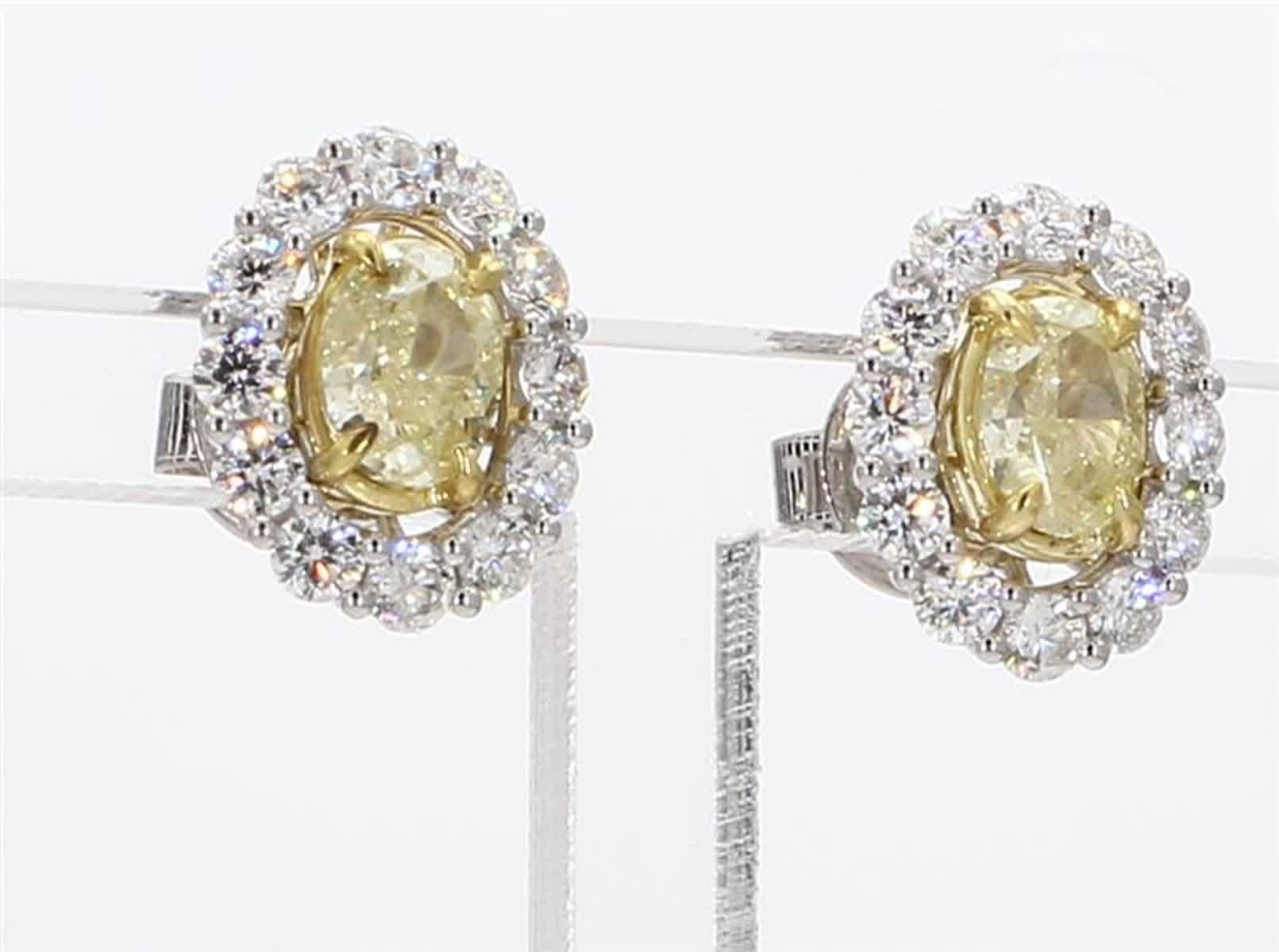 Natural Yellow Oval and White Diamond 2.67 Carat TW Gold Stud Earrings 1