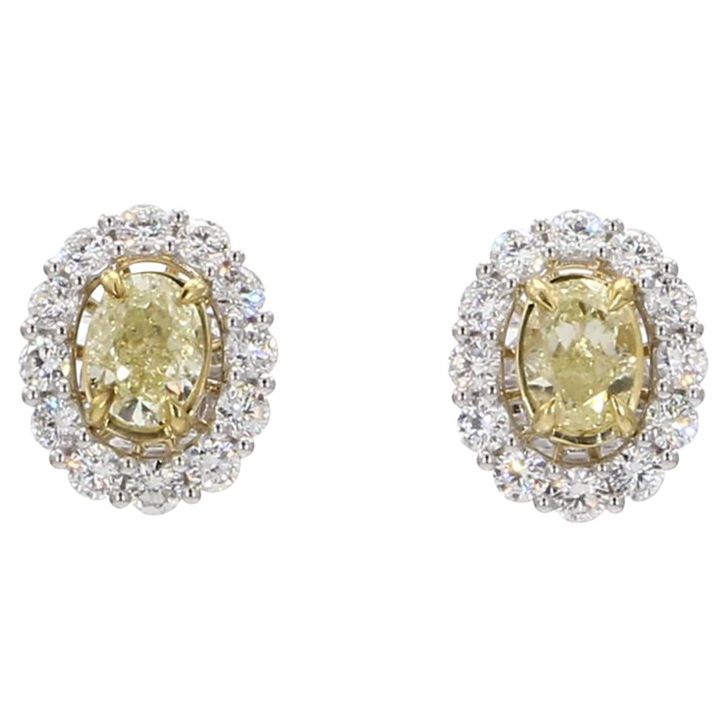 Natural Yellow Oval and White Diamond 2.67 Carat TW Gold Stud Earrings