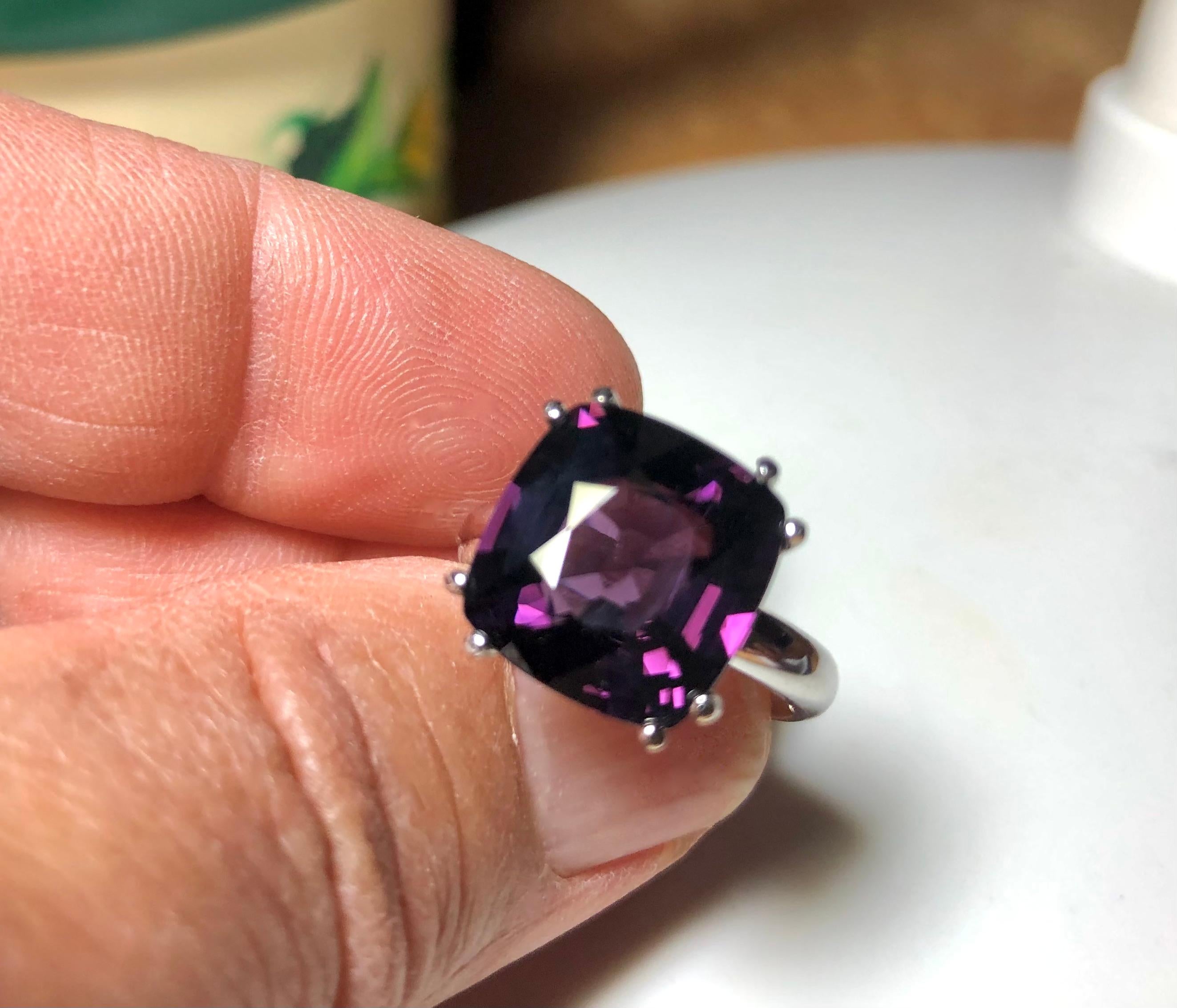 Natural 8.22 Carat Cushion Cut Purple Spinel Ring 18K White Gold Solitaire Ring For Sale 1