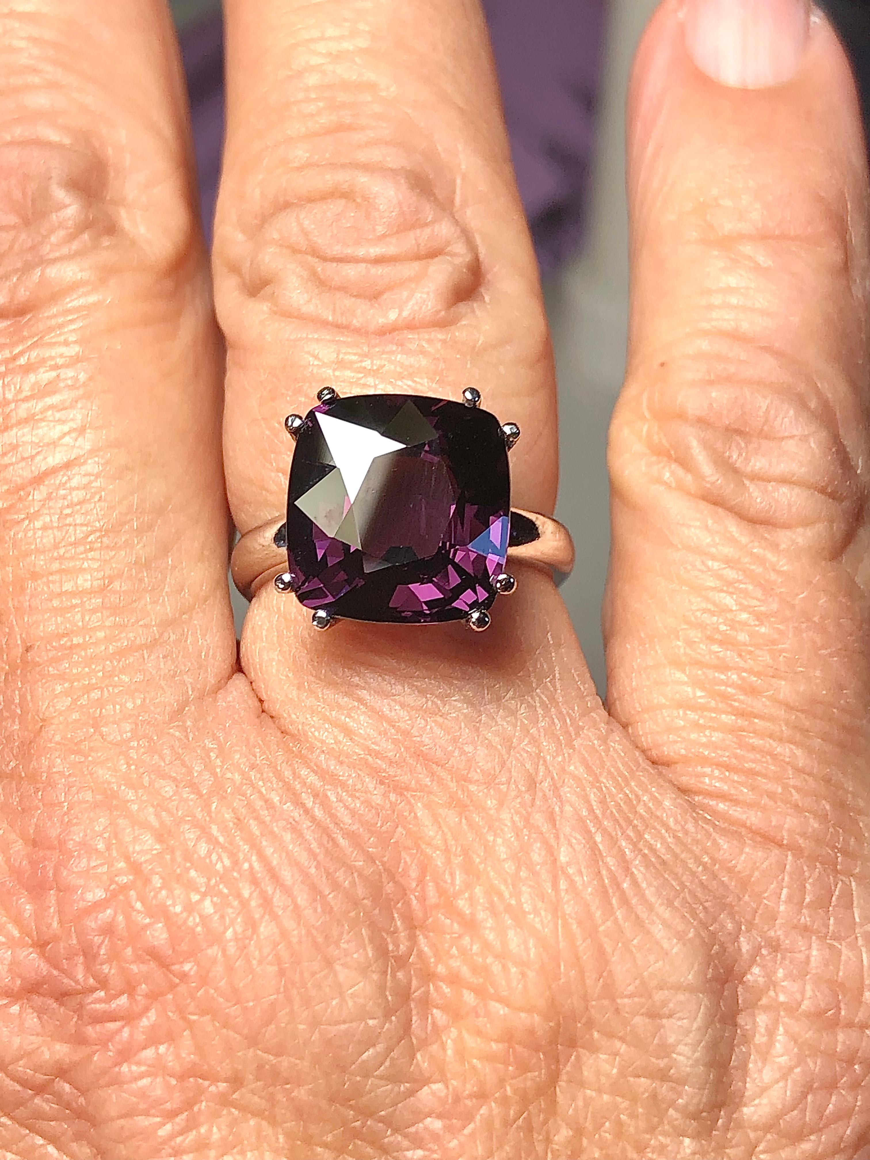 Contemporary Natural 8.22 Carat Cushion Cut Purple Spinel Ring 18K White Gold Solitaire Ring For Sale
