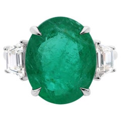 Natural 8.35ct Oval Emerald 0.76ct Diamond Three Stone Ring 14K White Gold
