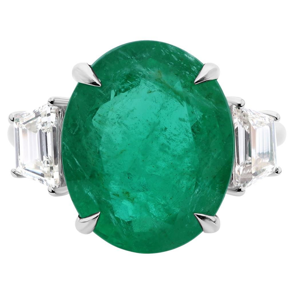 For Sale:  Natural 8.35ct Oval Emerald 0.76ct Diamond Three Stone Ring 18K White Gold