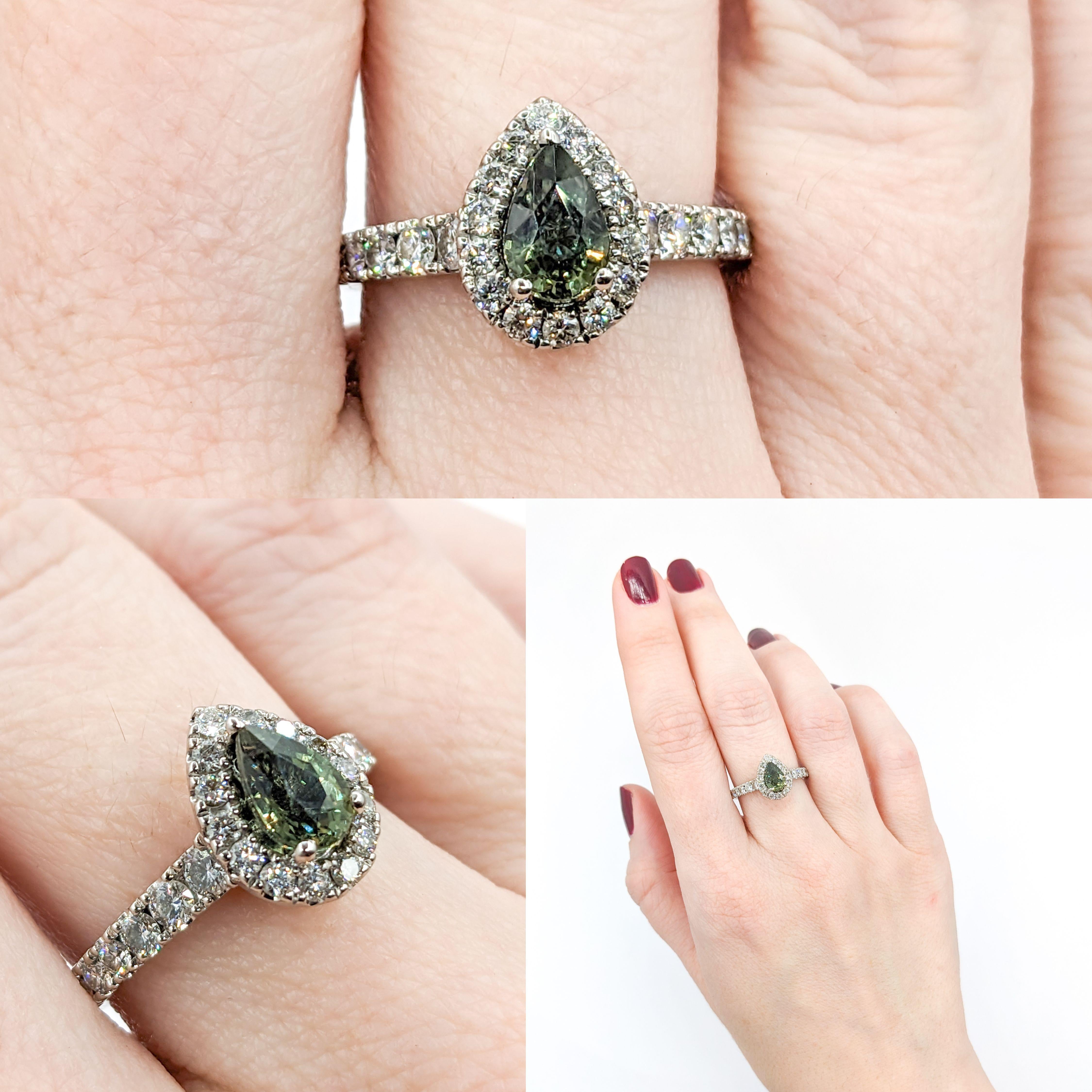 Natural .85ct Pear Shape Alexandrite & Diamond Ring White Gold

Introducing our captivating ring, exquisitely crafted in 14kt yellow gold and adorned with Neil Lane 0.75ctw semi diamonds. These brilliant diamonds, with SI clarity and F-G color,