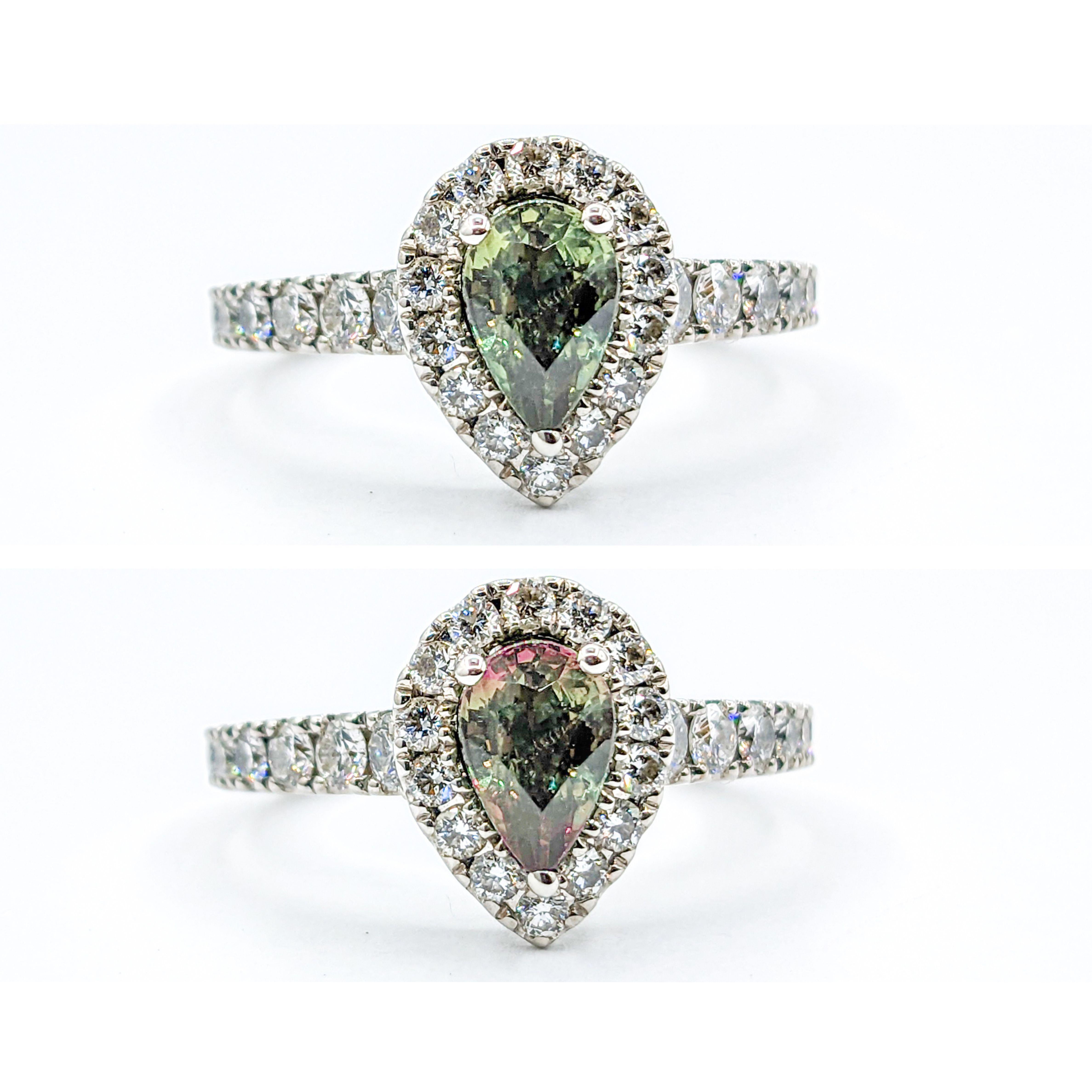 Contemporary Natural .85ct Pear Shape Alexandrite & Diamond Ring White Gold For Sale