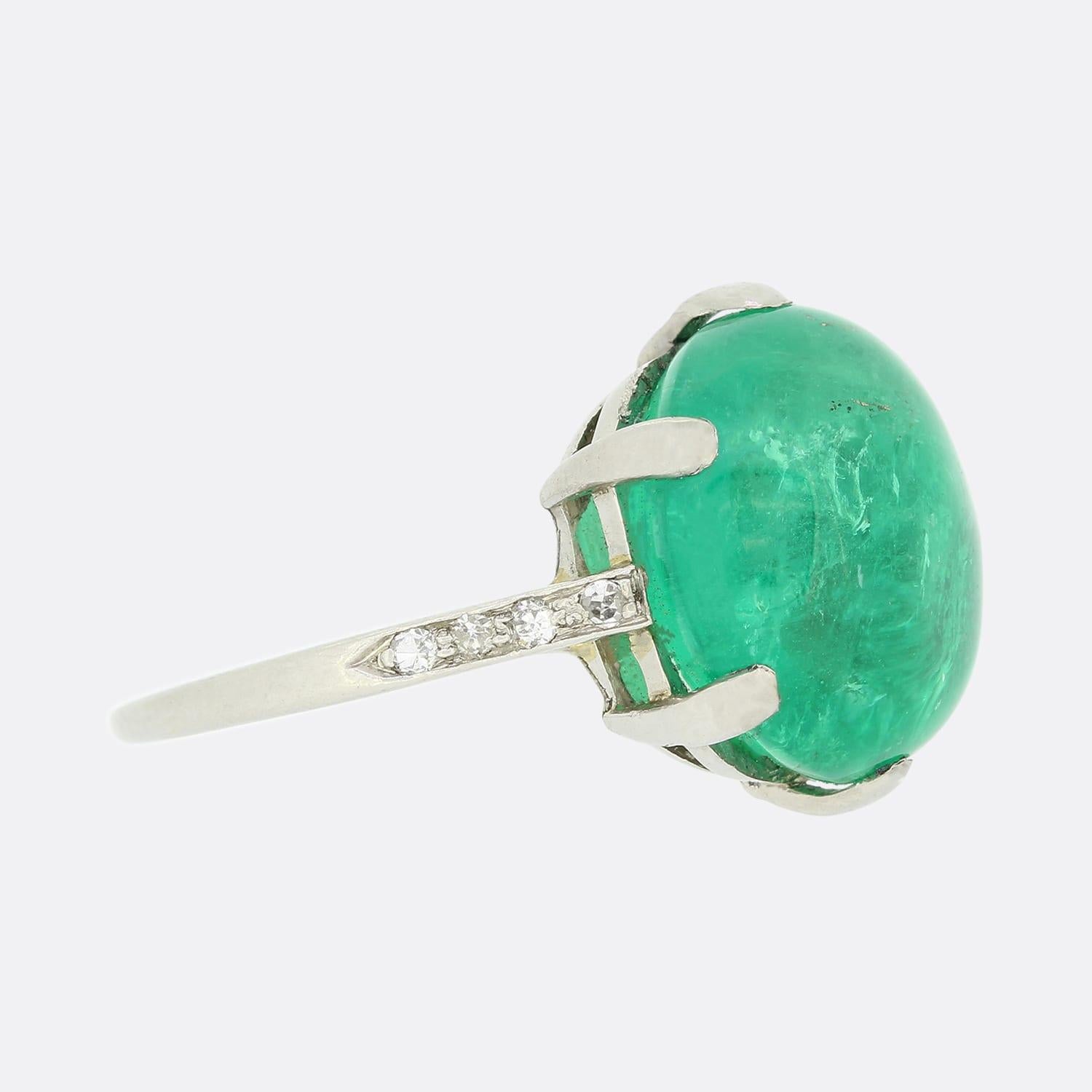 Cabochon Natural 8.80 Carat Columbian Emerald and Diamond Ring For Sale