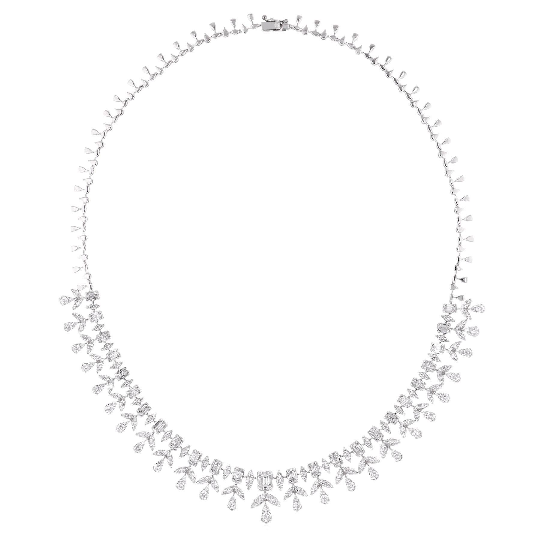 Natural 8.84 Carat Baguette & Round Diamond Necklace 14 Karat White Gold Jewelry For Sale