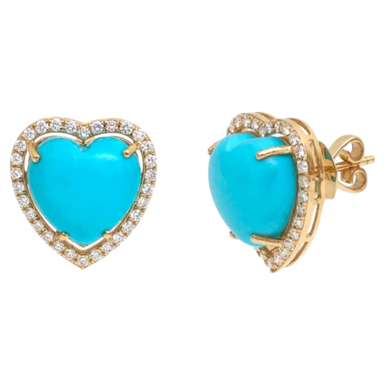 Elegant 14K Yellow Gold Turquoise and Diamond Stud Earrings, 8.88ct For Sale