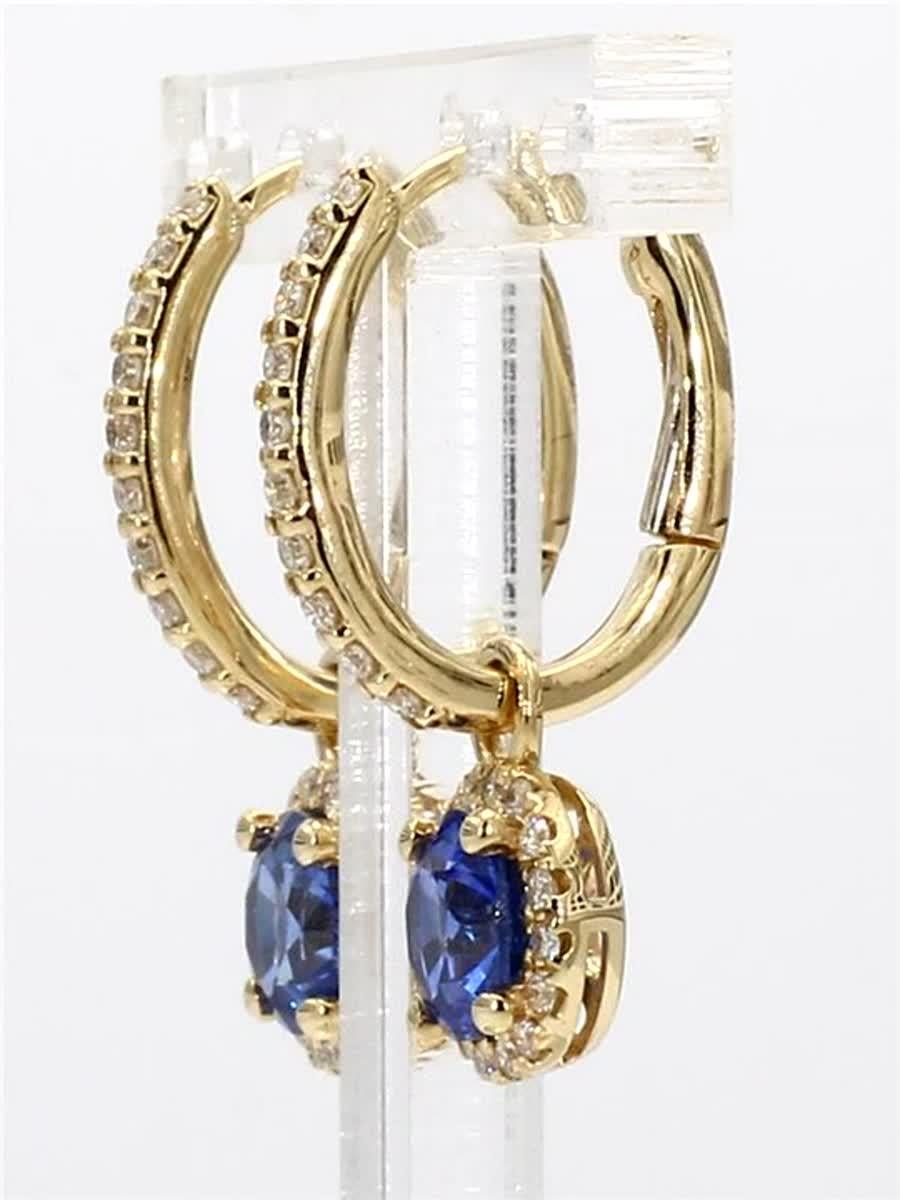 Contemporary Natural Blue Round Sapphire and White Diamond 2.12 Carat TW Gold Drop Earrings For Sale