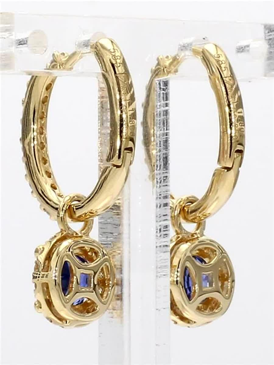 Round Cut Natural Blue Round Sapphire and White Diamond 2.12 Carat TW Gold Drop Earrings For Sale