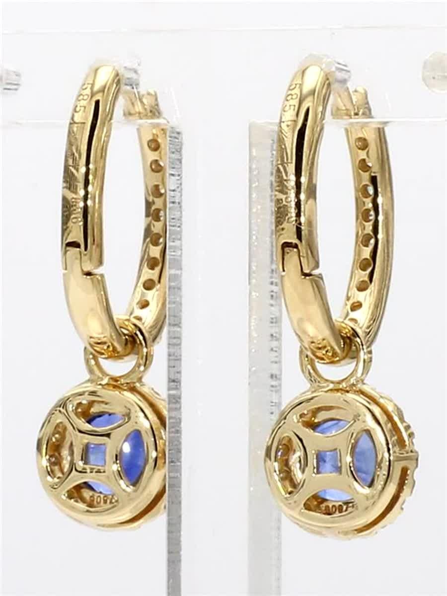 Natural Blue Round Sapphire and White Diamond 2.12 Carat TW Gold Drop Earrings In New Condition For Sale In New York, NY
