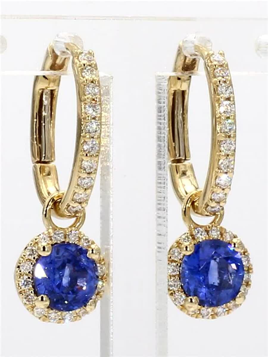 Natural Blue Round Sapphire and White Diamond 2.12 Carat TW Gold Drop Earrings For Sale 1