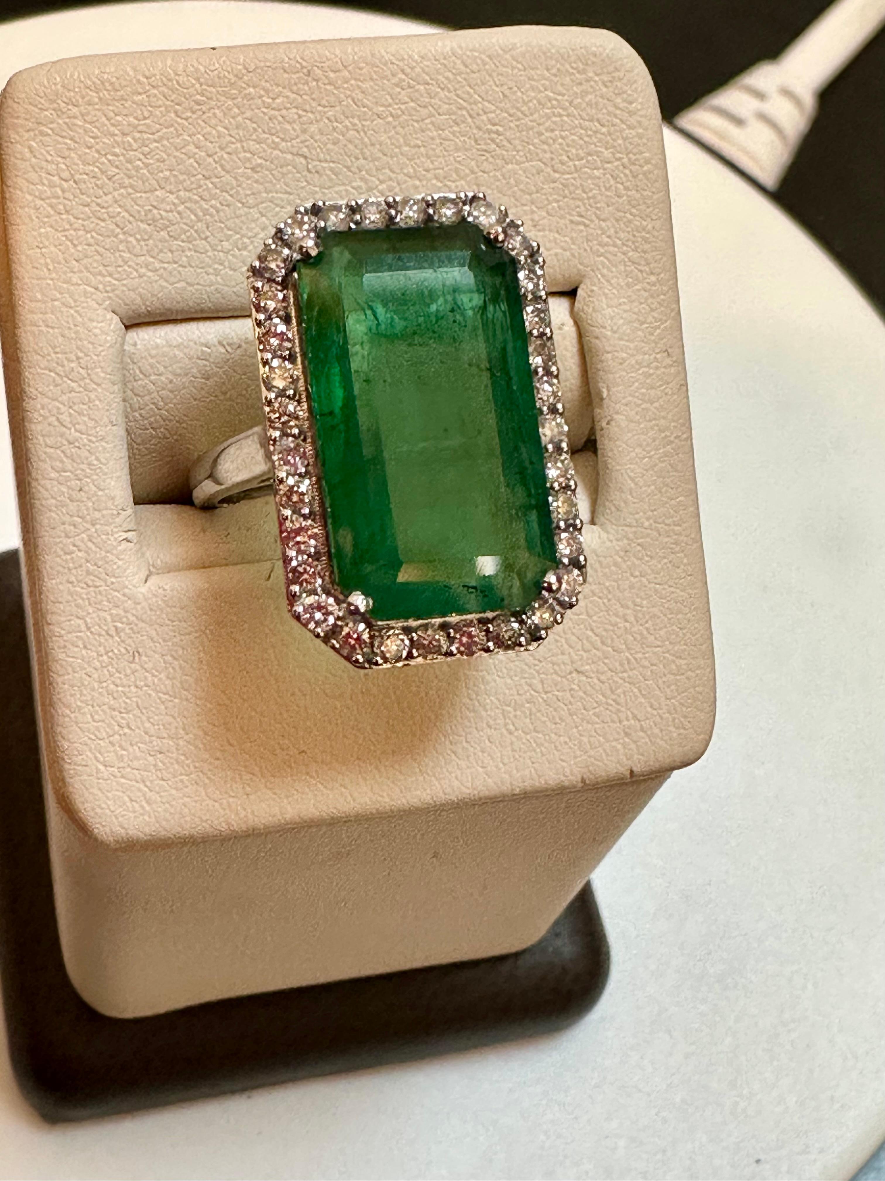 Natural 9 Carat Emerald Cut Zambian Emerald & Diamond Ring in 14 Kt White Gold 7