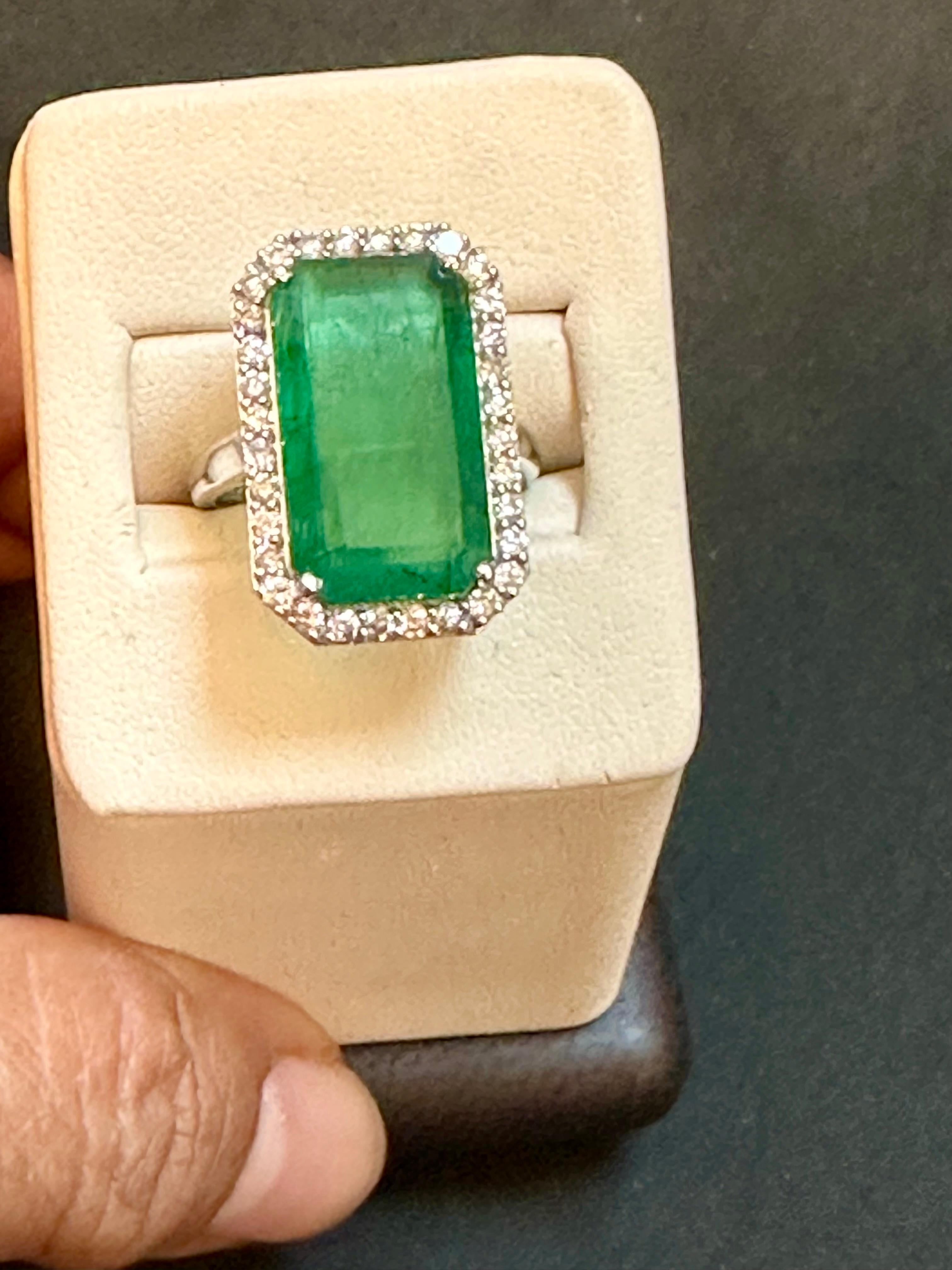 Natural 9 Carat Emerald Cut Zambian Emerald & Diamond Ring in 14 Kt White Gold 8