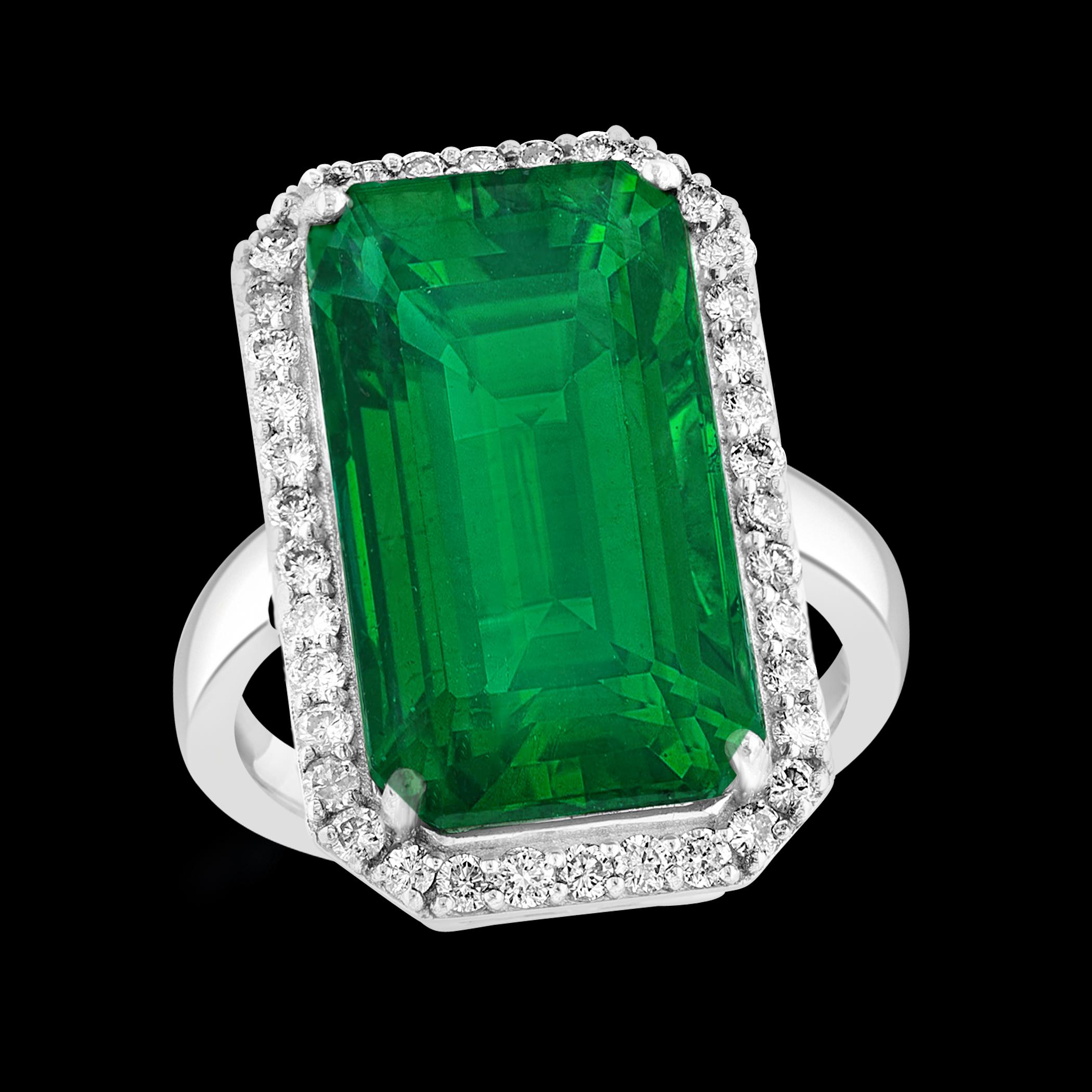 Natural 9 Carat Emerald Cut Zambian Emerald & Diamond Ring in 14 Kt White Gold 11