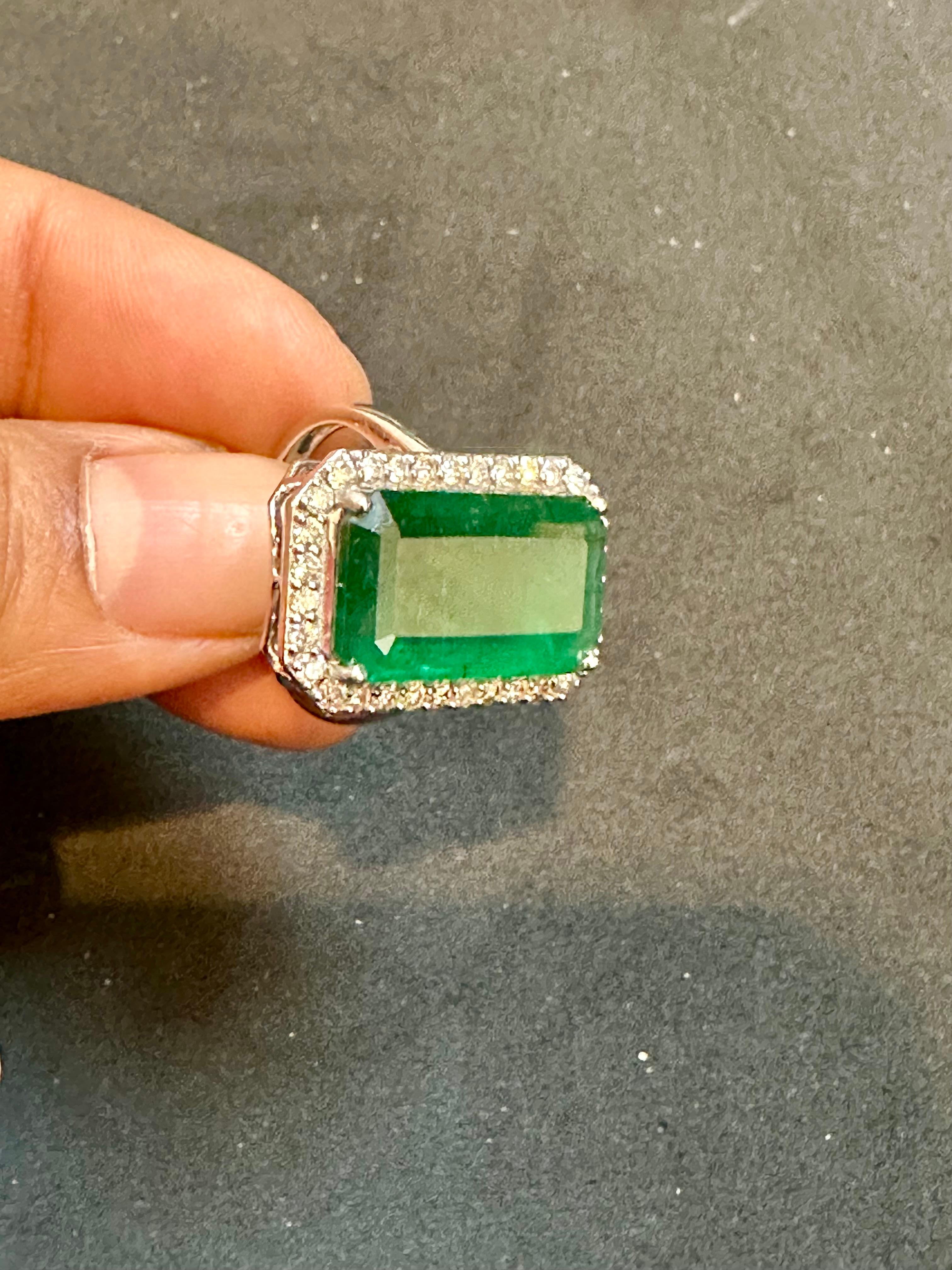 Women's Natural 9 Carat Emerald Cut Zambian Emerald & Diamond Ring in 14 Kt White Gold