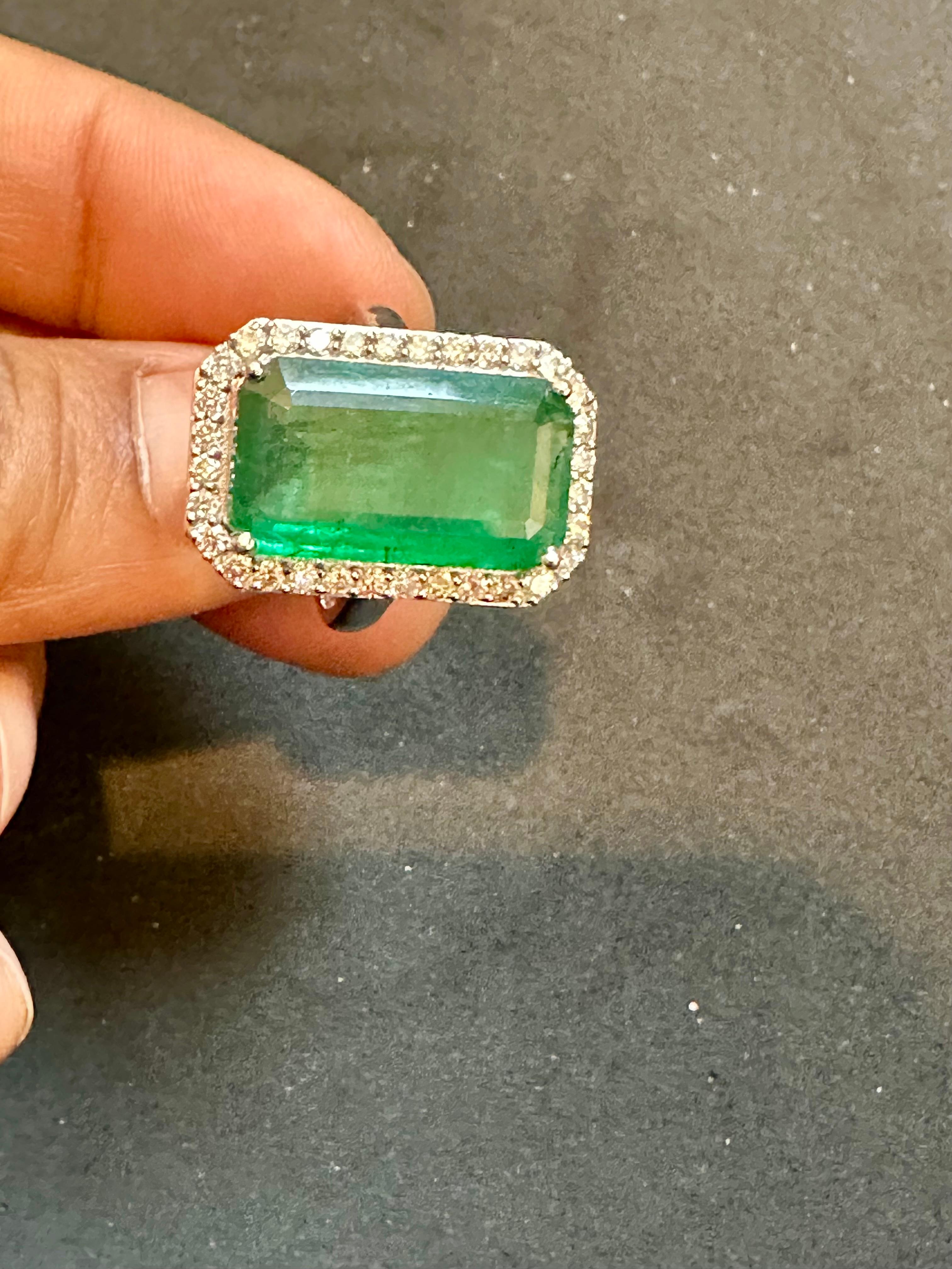 Natural 9 Carat Emerald Cut Zambian Emerald & Diamond Ring in 14 Kt White Gold 1