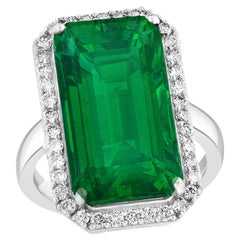 Natural 9 Carat Emerald Cut Zambian Emerald & Diamond Ring in 14 Kt White Gold