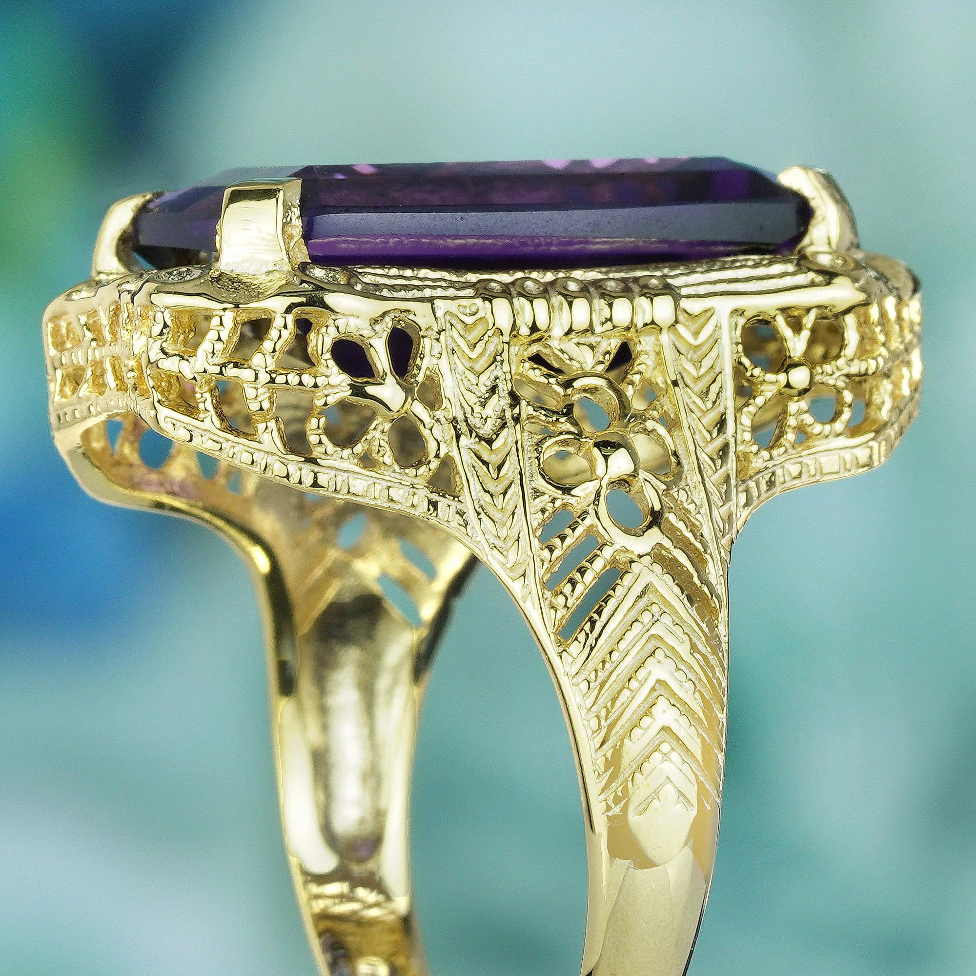 For Sale:  Natural 9 Ct. Emerald Cut Amethyst Vintage Style Filigree Ring in Solid 9K Yello 6