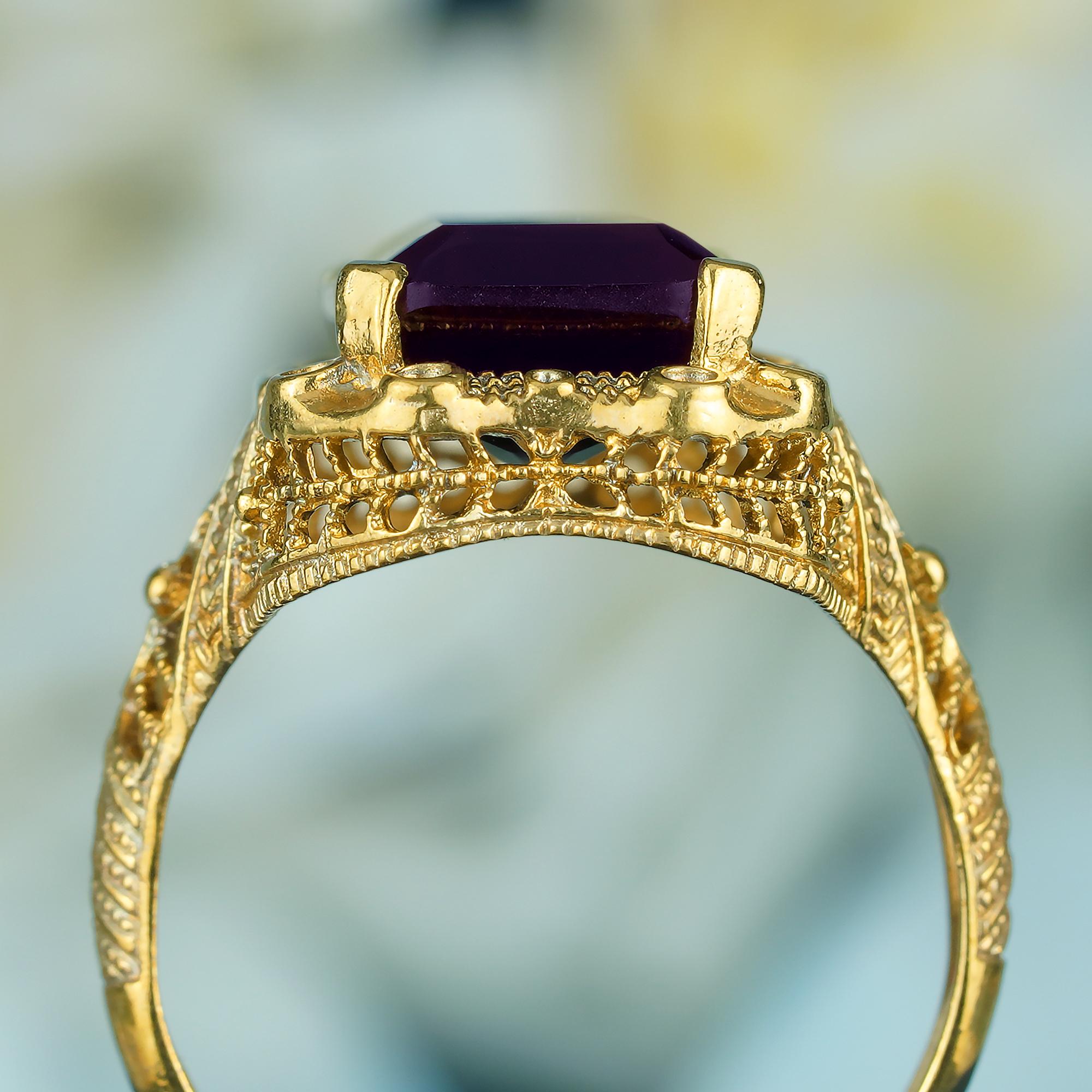 For Sale:  Natural 9 Ct. Emerald Cut Amethyst Vintage Style Filigree Ring in Solid 9K Yello 5