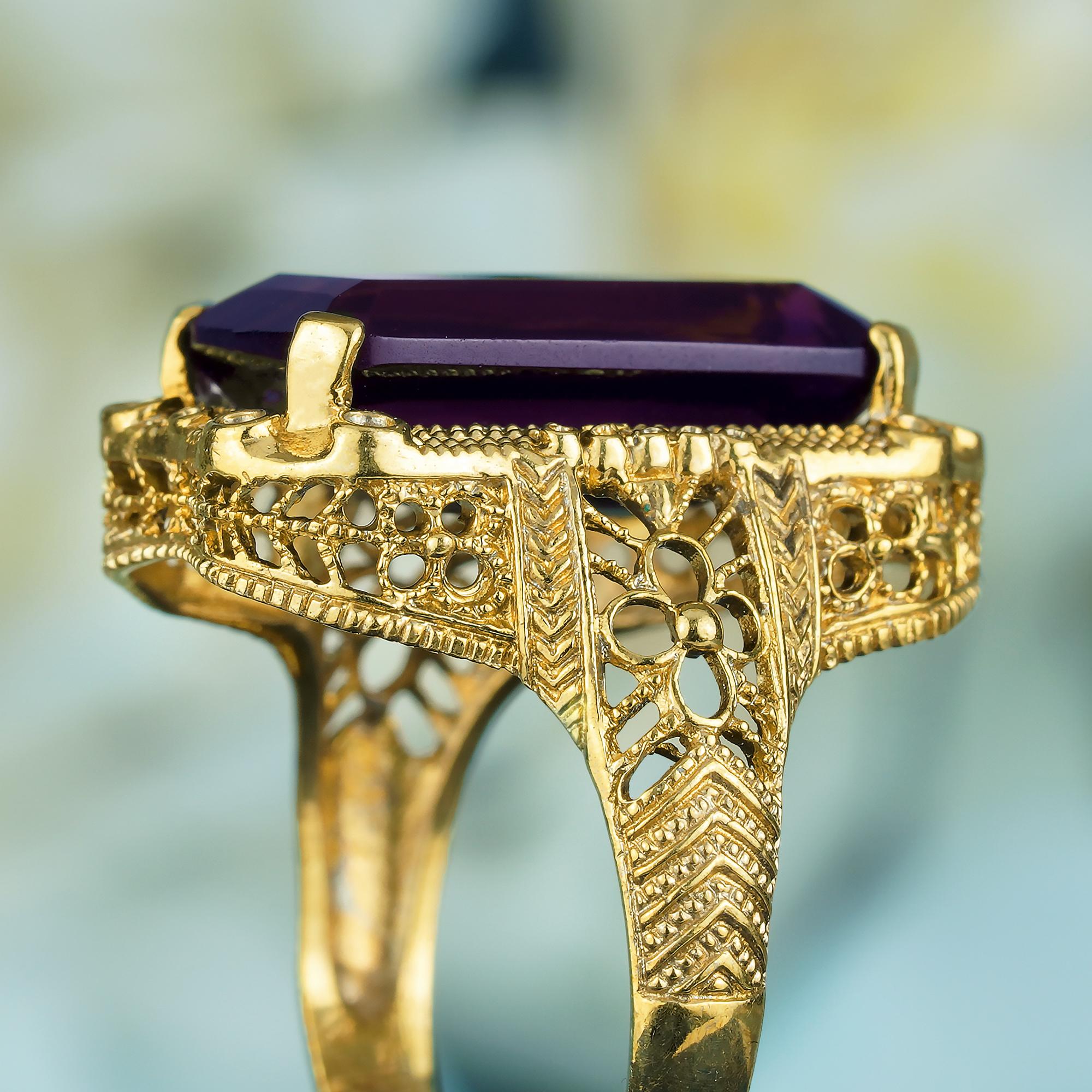 For Sale:  Natural 9 Ct. Emerald Cut Amethyst Vintage Style Filigree Ring in Solid 9K Yello 6