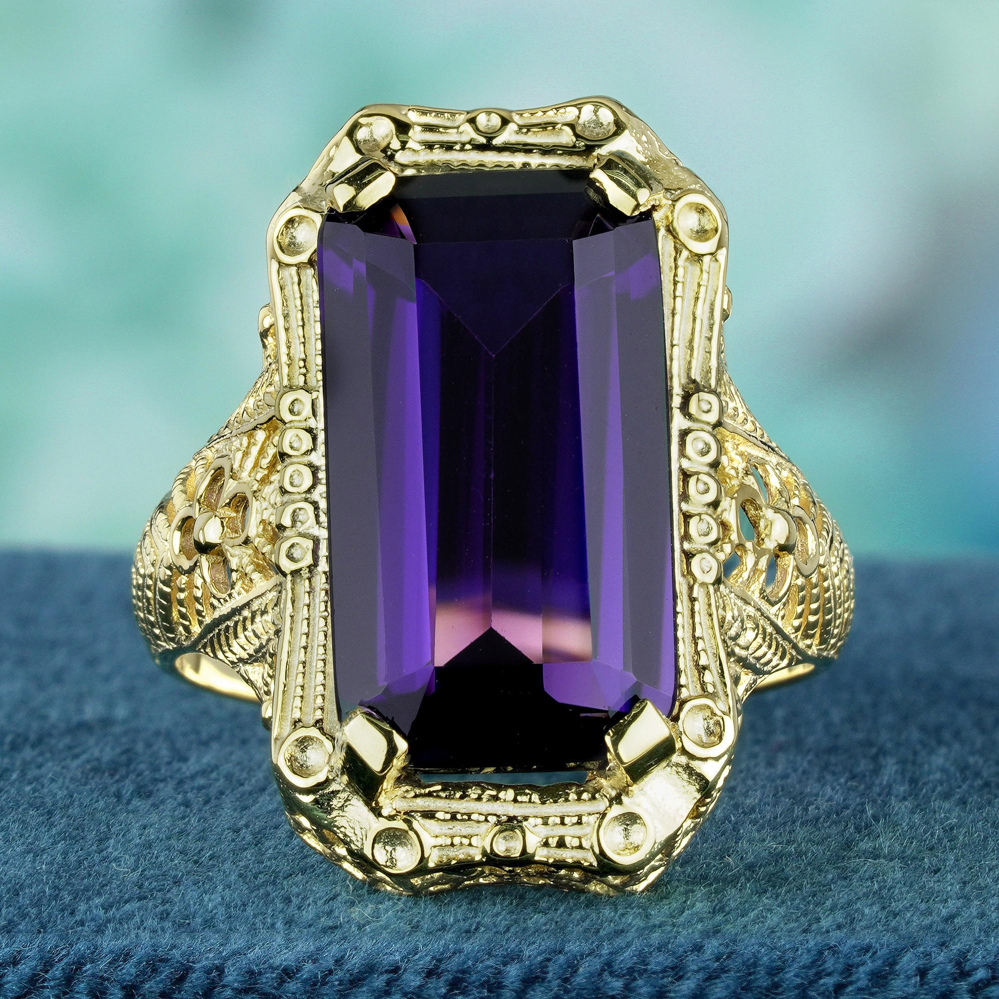 For Sale:  Natural 9 Ct. Emerald Cut Amethyst Vintage Style Filigree Ring in Solid 9K Yello 3