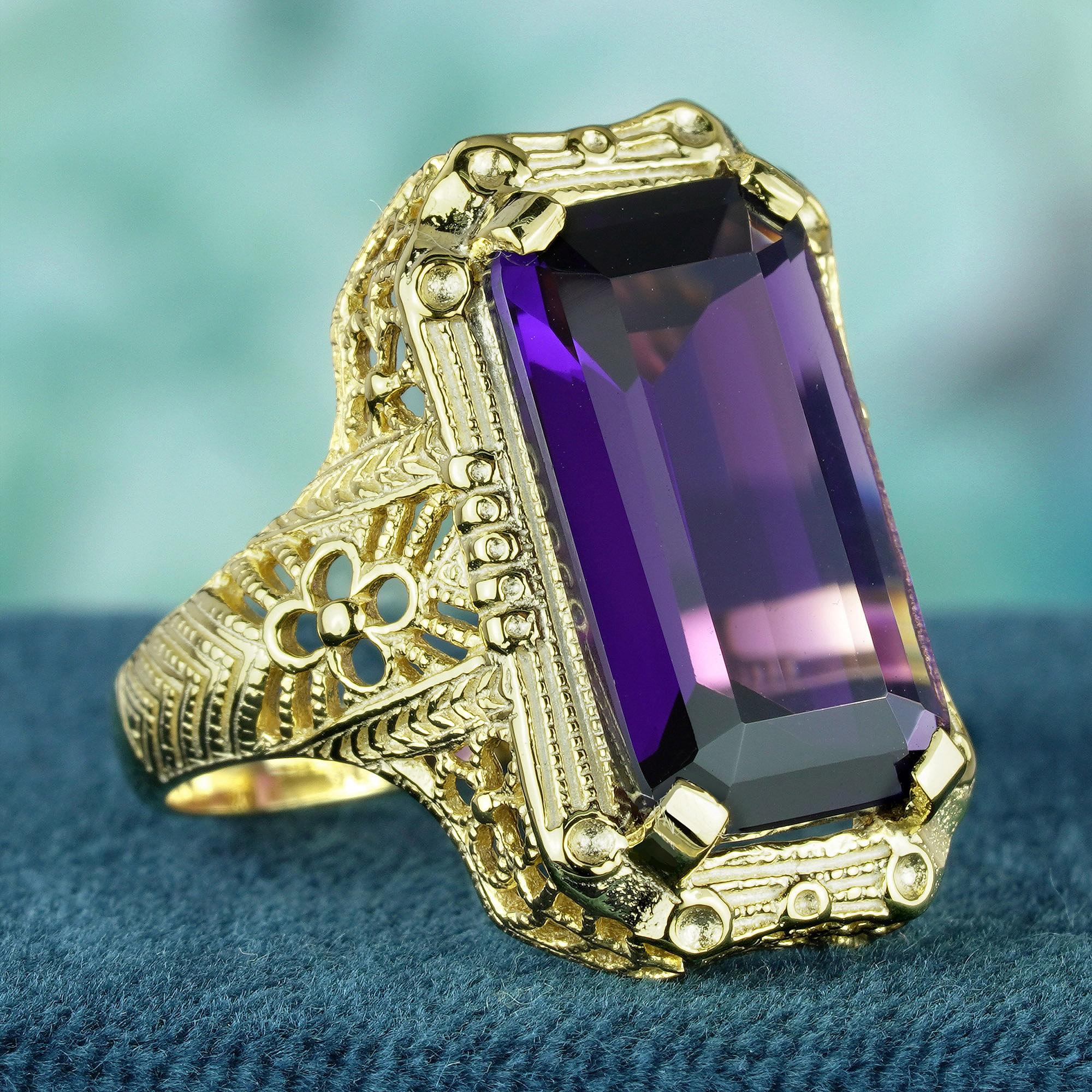 For Sale:  Natural 9 Ct. Emerald Cut Amethyst Vintage Style Filigree Ring in Solid 9K Yello 2
