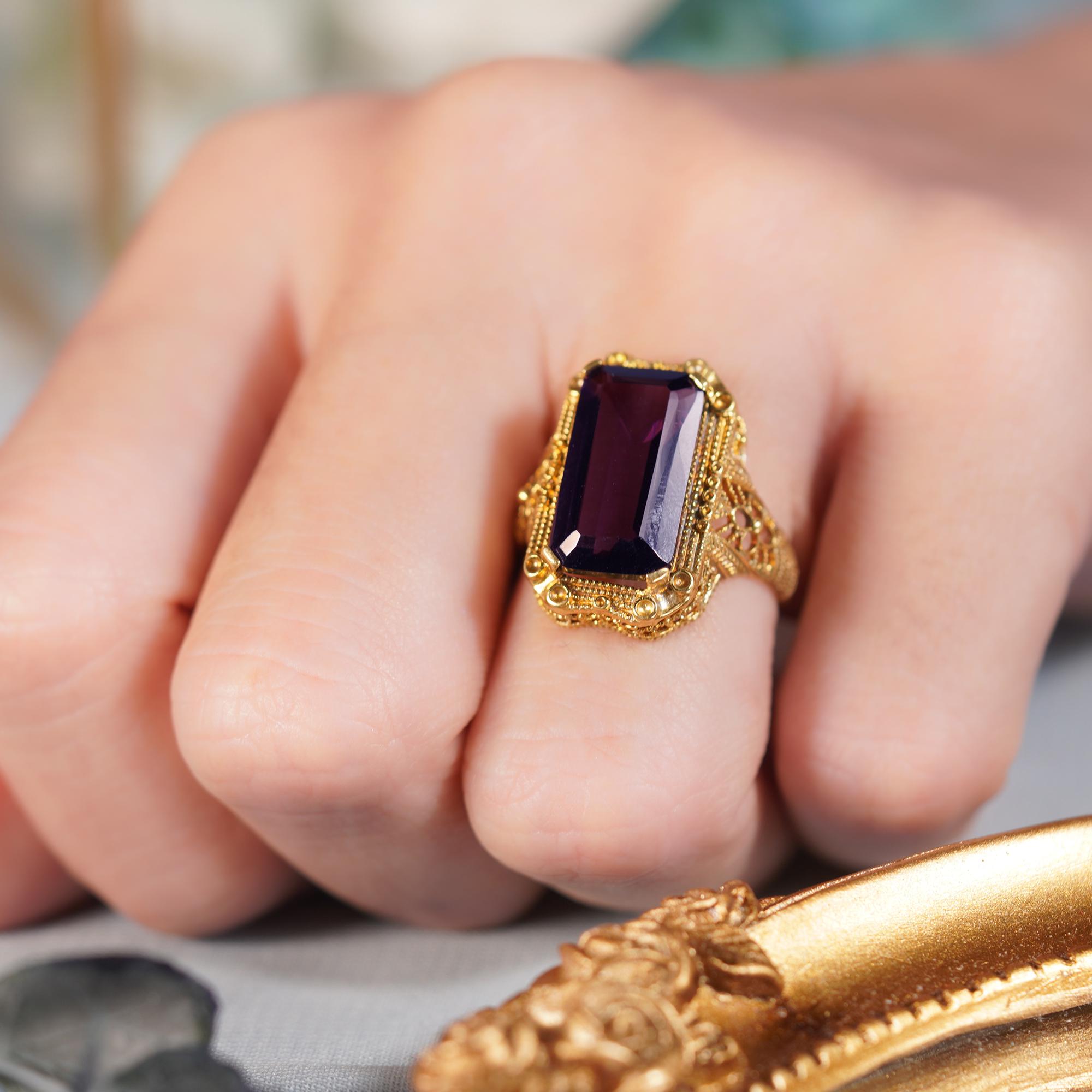 For Sale:  Natural 9 Ct. Emerald Cut Amethyst Vintage Style Filigree Ring in Solid 9K Yello 9